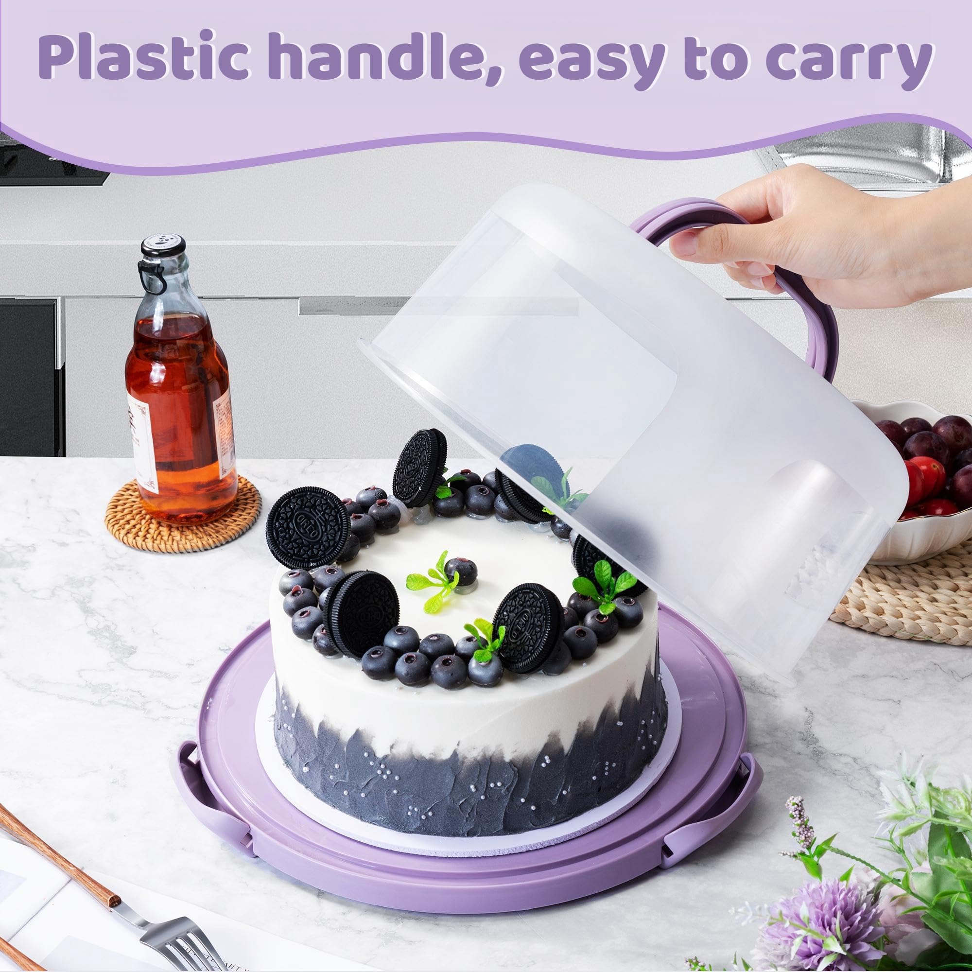 Setlux 10In Plastic Cake Carrier With Handle, Round Cake Holder With Lid Pink Cake Container For 6In/8In/10In Cake(Purple)