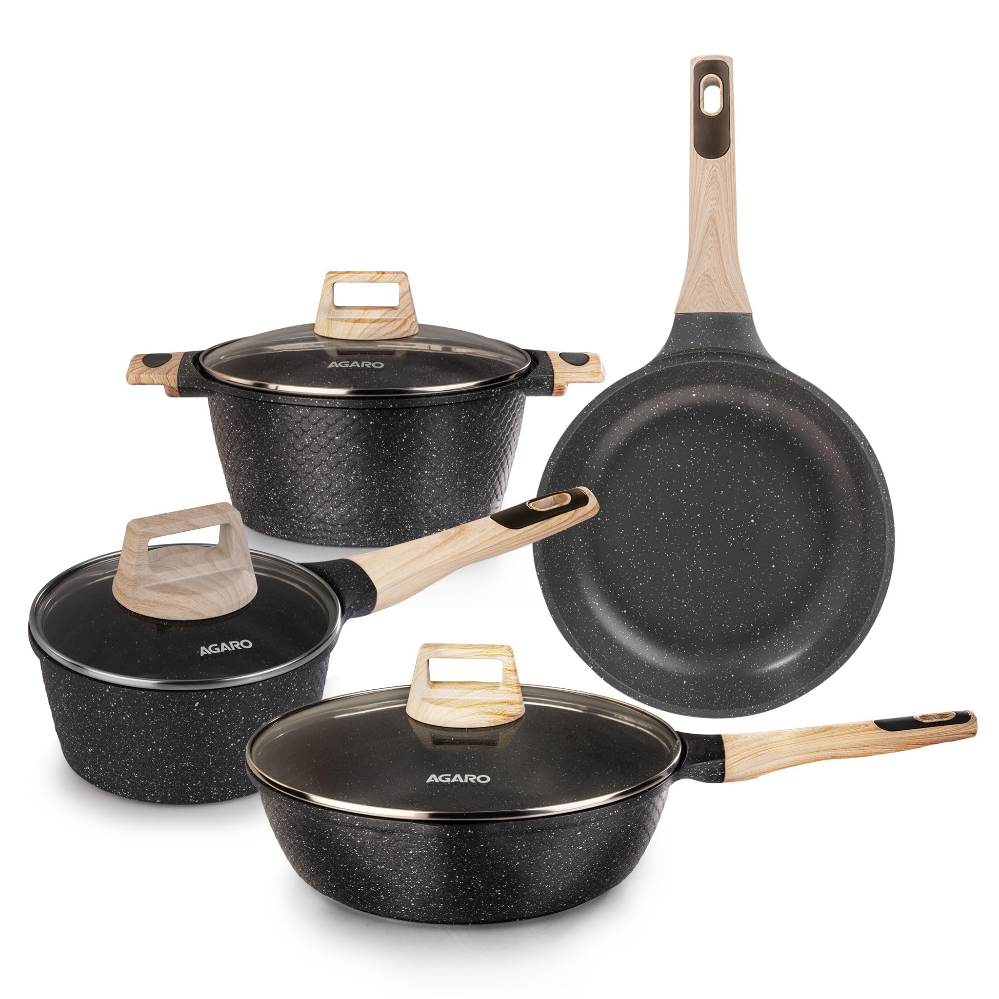 AGARO Imperial Granite Non Stick Cookware Set, 4pcs Cookware Set, 24cm Fry Pan & Casserole with Lid, 16cm Sauce pan with Lid, 28