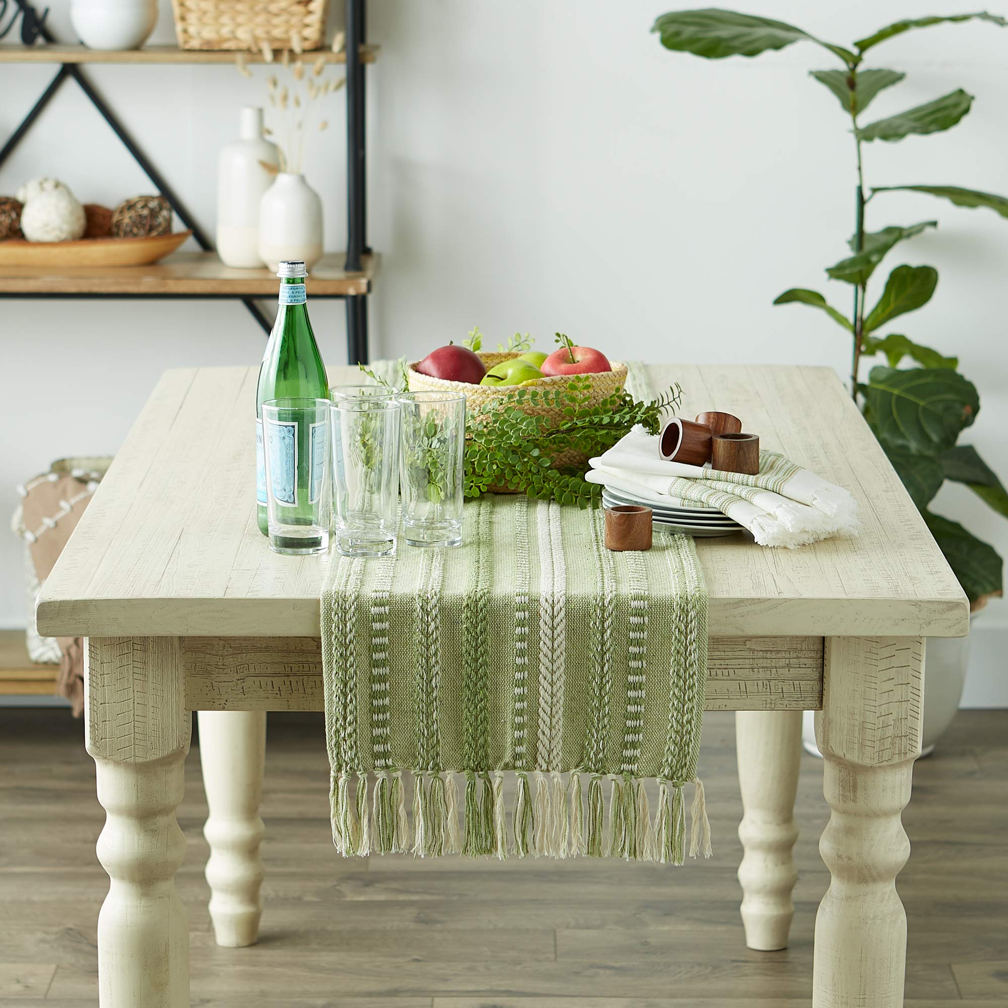 DII Farmhouse Braided Stripe Table Runner Collection  15x72 (15x77  Fringe Included)  Antique Green
