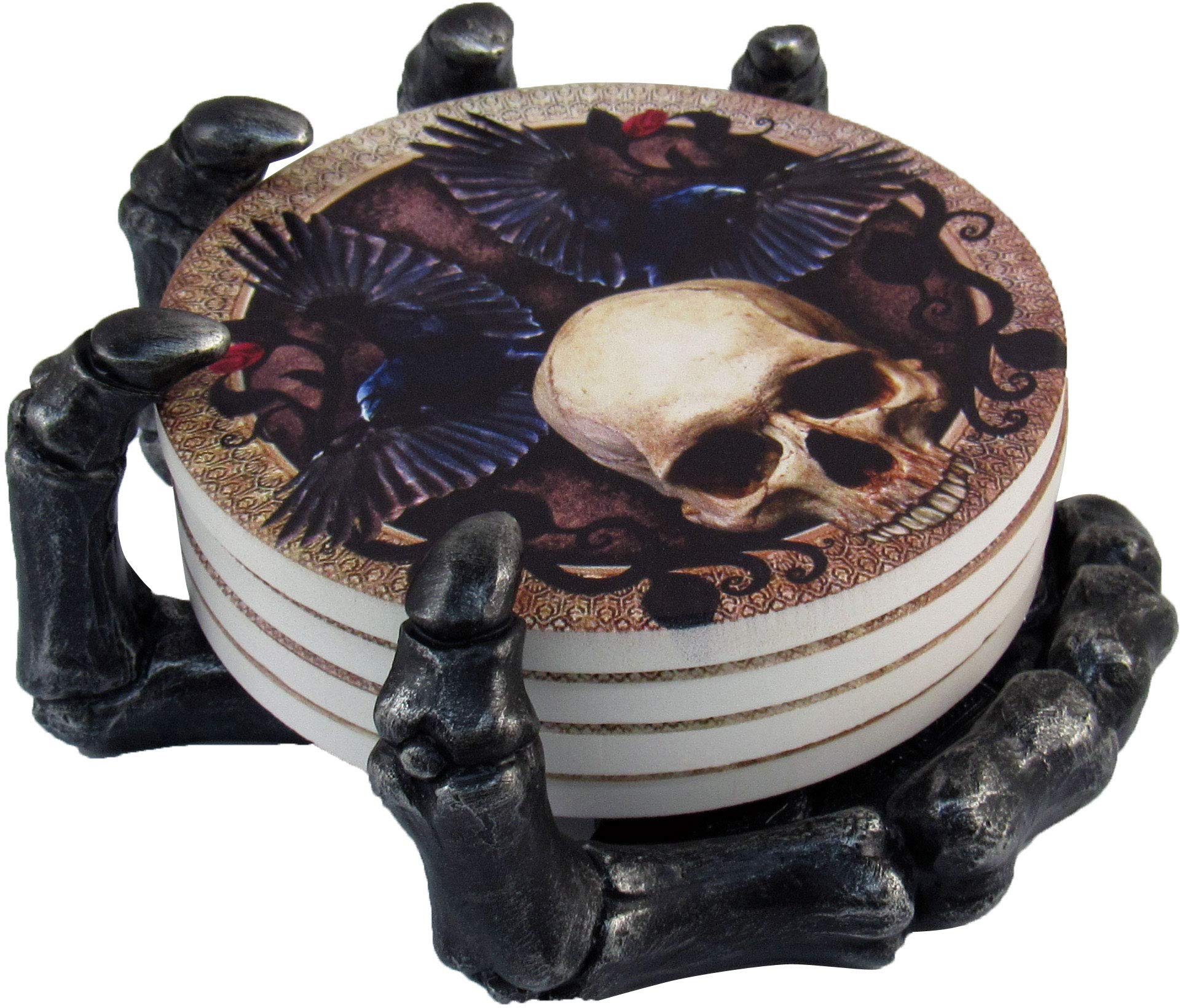 Dwk - Helping Hand - Beautiful Gothic Skull Beverage Coasters With Creepy Skeleton Hand Holder For Halloween Home Kitchen Dining
