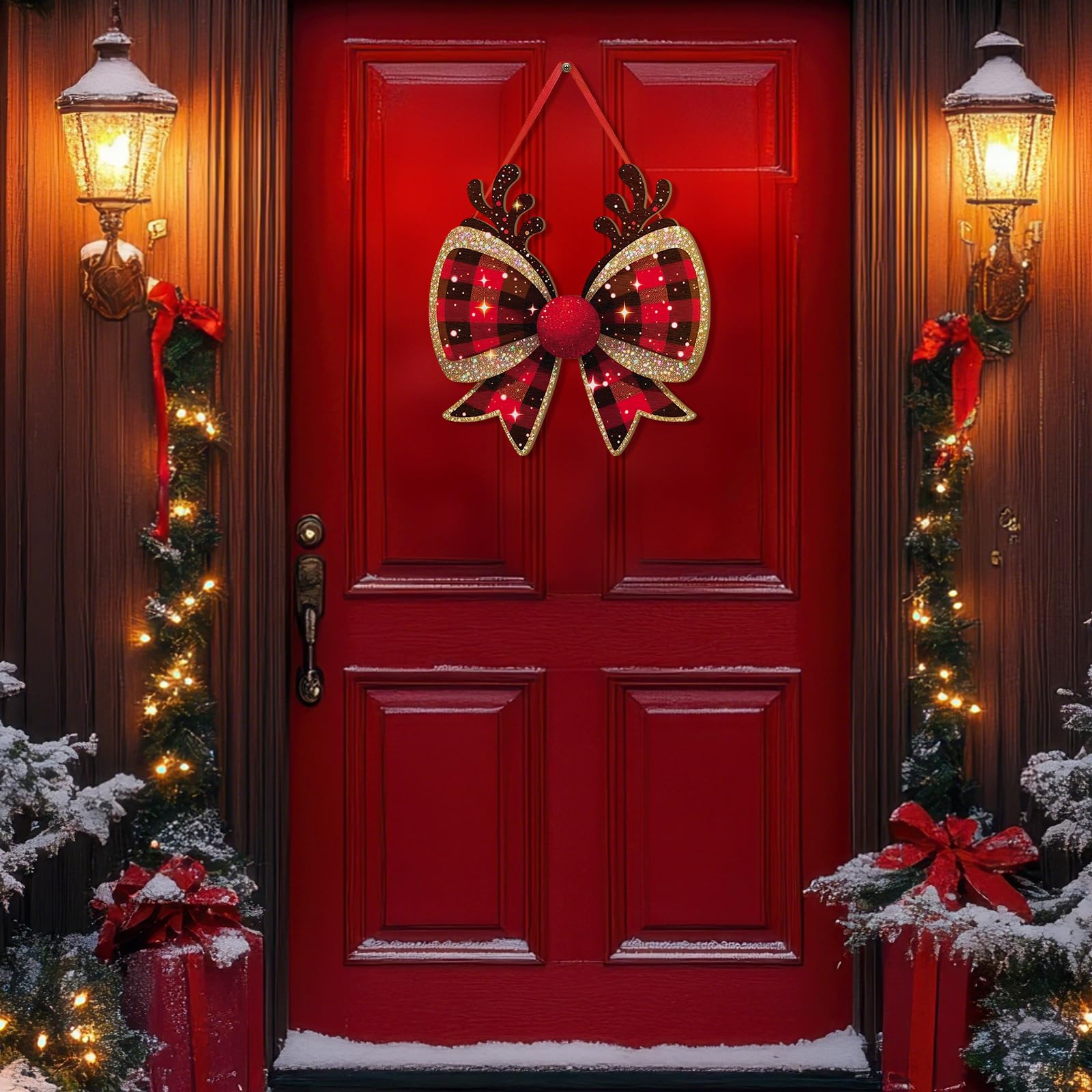 RattanView Christmas Bow Wooden Hanging Sign Red Plaid Reindeer Bow Wall Hanging Hanger Cute Preppy Wall Art Bowknot Welcome Doo