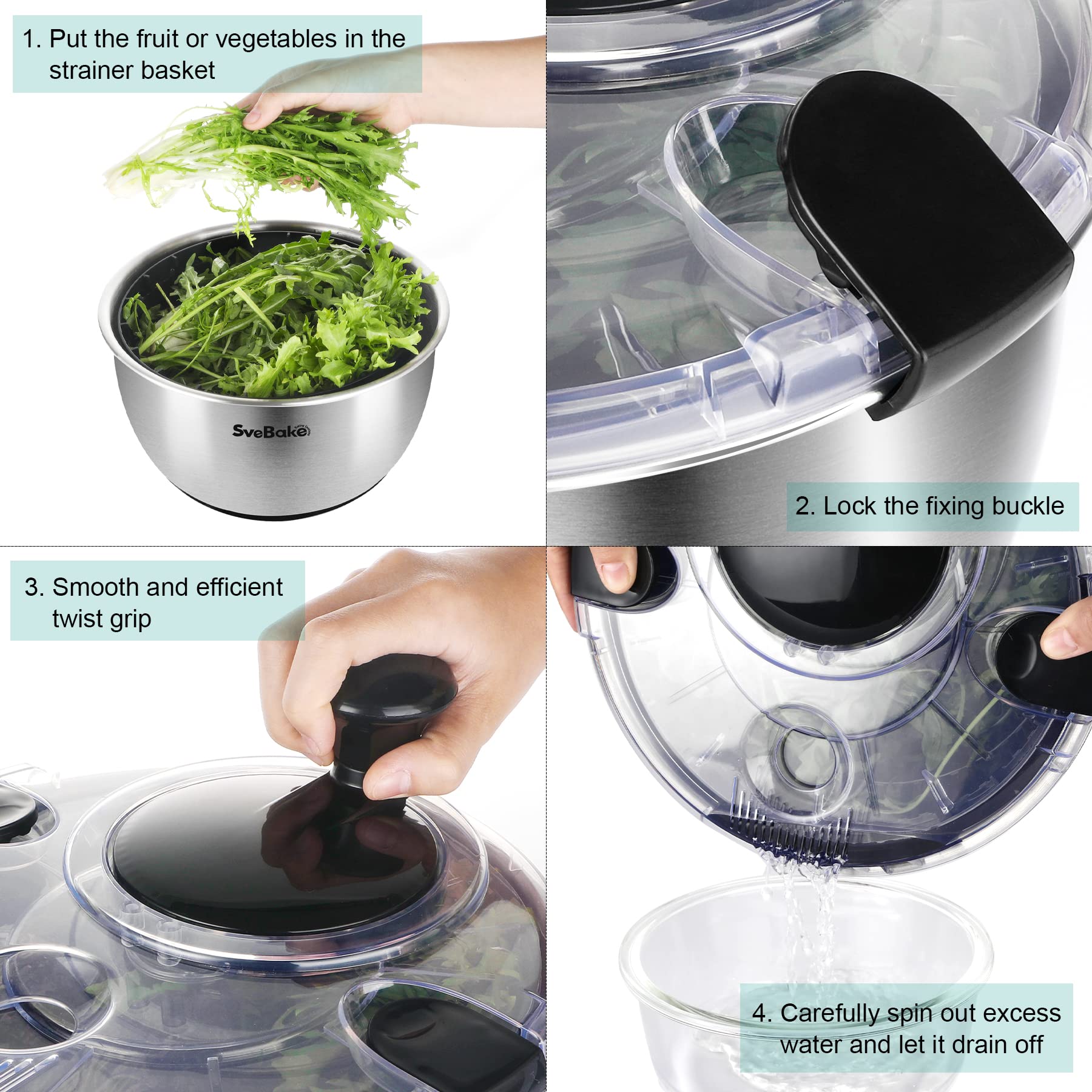 Svebake Stainless Steel Salad Spinner, 4.2 Qt Vegetable Washer, Bpa-Free Lettuce Dryer With Crank Design, Dishwasher Safe, Non-S