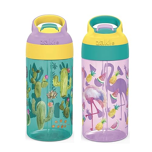 Zak Designs 16oz Riverside Desert Life Kids Water Bottle with Straw and Built in Carrying Loop Made of Durable Plastic  Leak-Proof Design for Travel  2PK Set