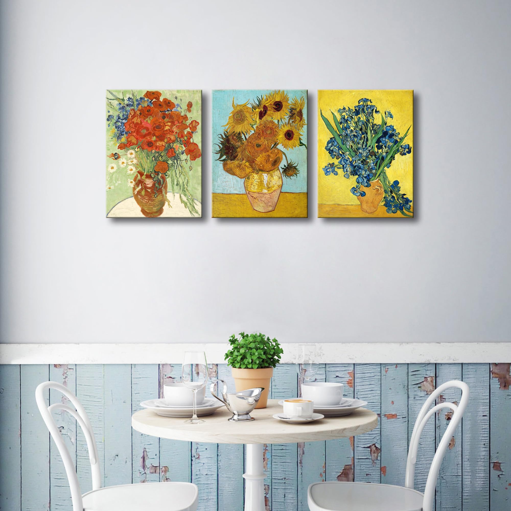 Wieco Art 3 Panels Canvas Prints Of Vincent Van Gogh Paintings Reproduction Red Poppies And Daisies Sunflower Irises In Vase Can