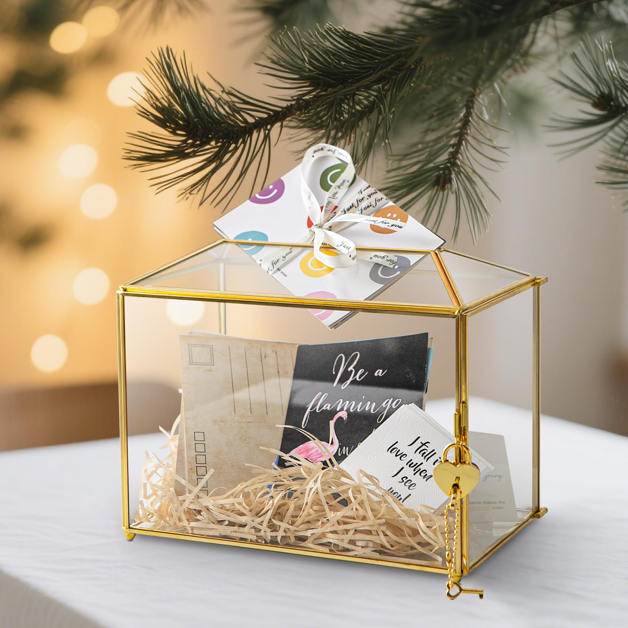 Sanllusit Small 10.2 x 6 x 8 Glass Cards Box with Slot and Lock for Wedding Reception - Home Birthdays Party Geometric Decorativ