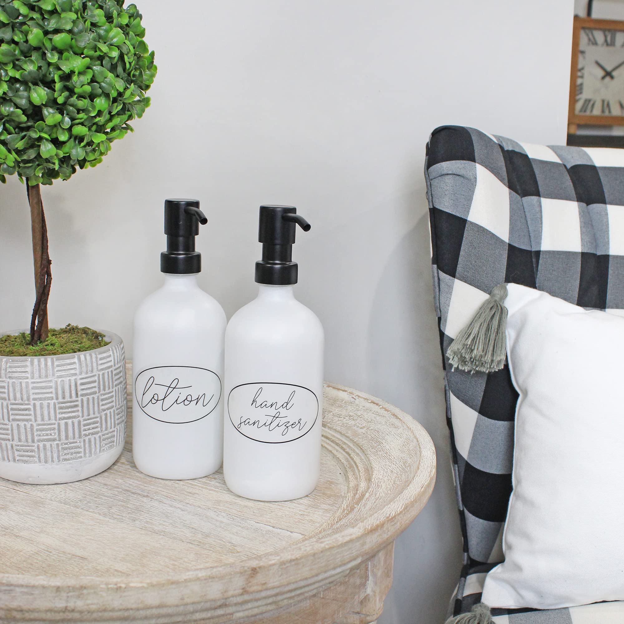 Darware 16Oz Glass Pump Bottles (Set Of 2, White W/Black); Soap Dispenser Pump Bottles With Brushed Metal Pump Tops