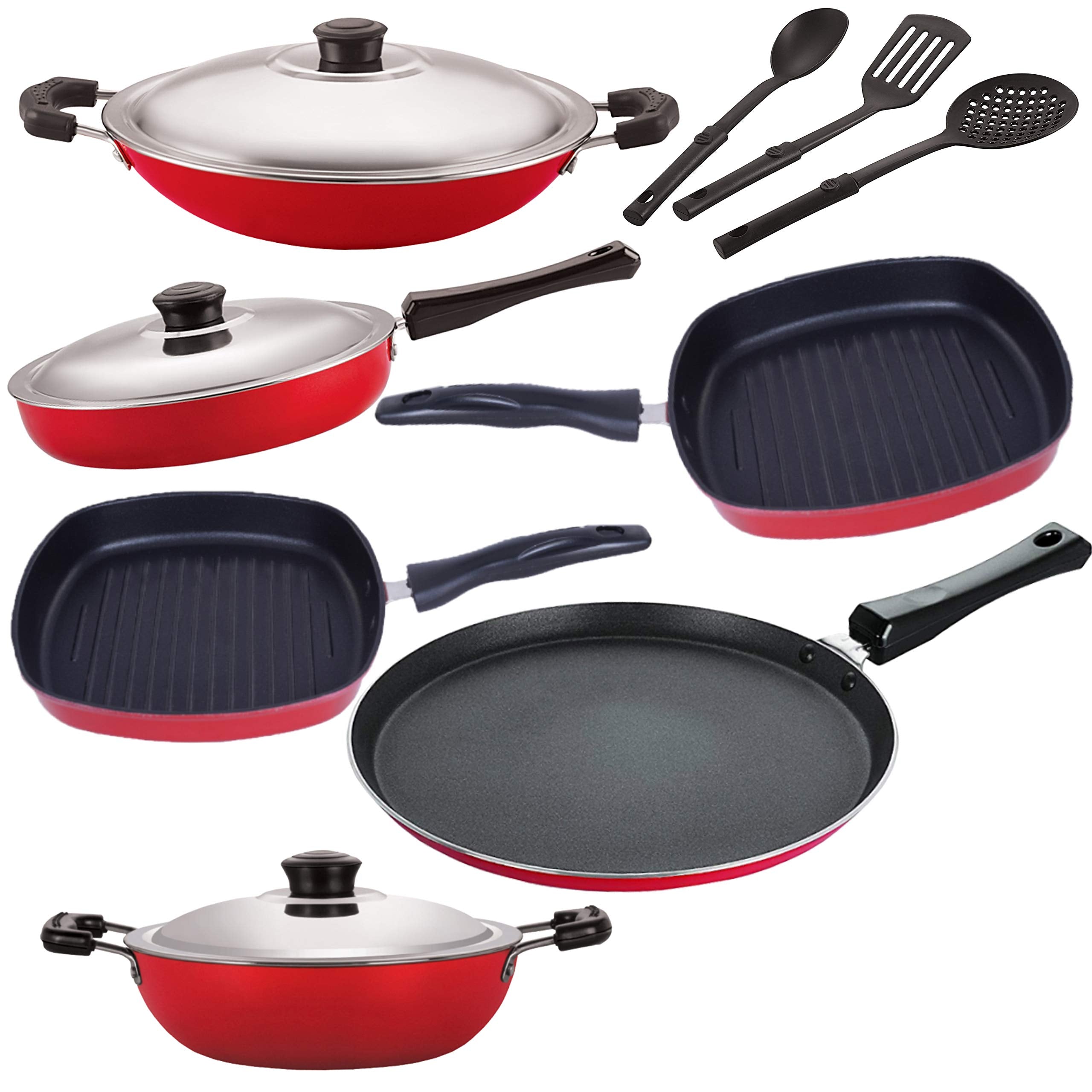 Nirlon Nonstick Aluminium Cookware Set, 9Pieces, Red & Black Ft13_Dkdm_Ac_Gp22.5_Gp24_Fp12_3Spn