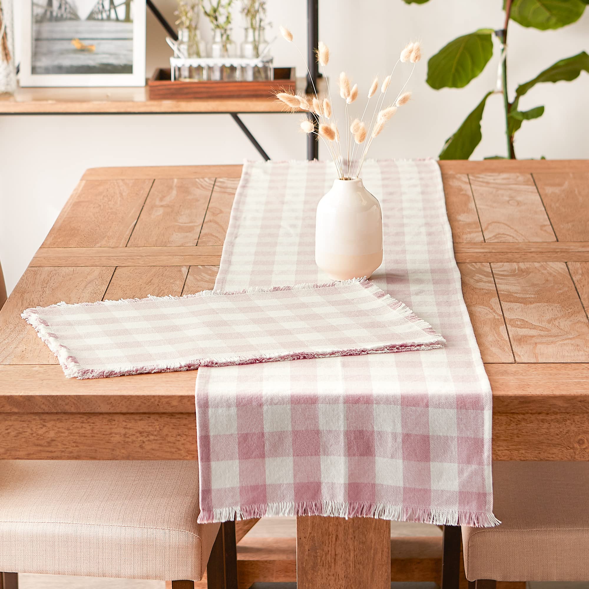 DII Heavyweight Fringed Check Tabletop Collection  Placemat Set  13x19  Pale Mauve  6 Piece