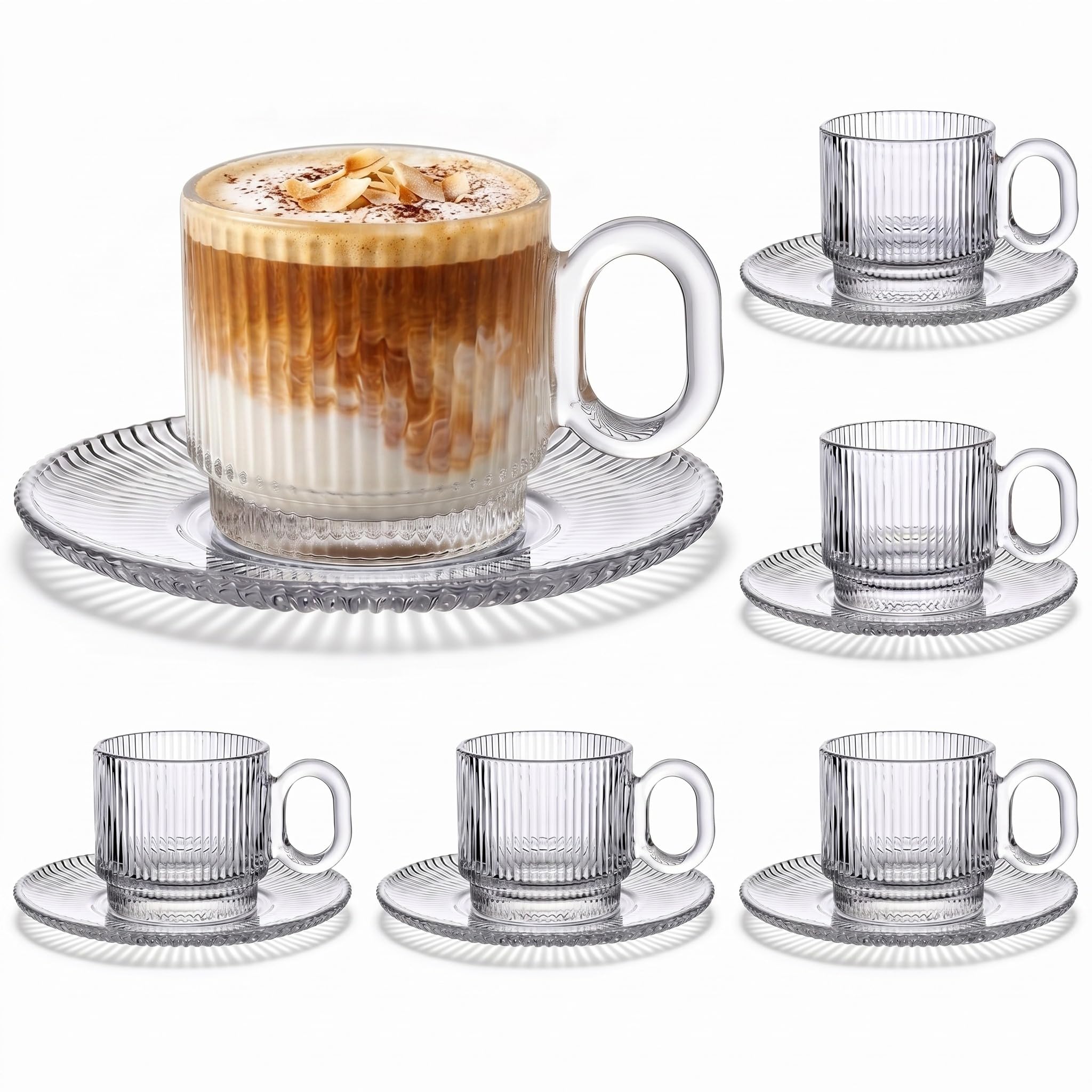 Yetene 6 Sets of Glass Tea Cups with Saucers Vintage Coffee Mugs 5.6 oz Clear Espresso Cup with Handle Embossed Glassware for Ho