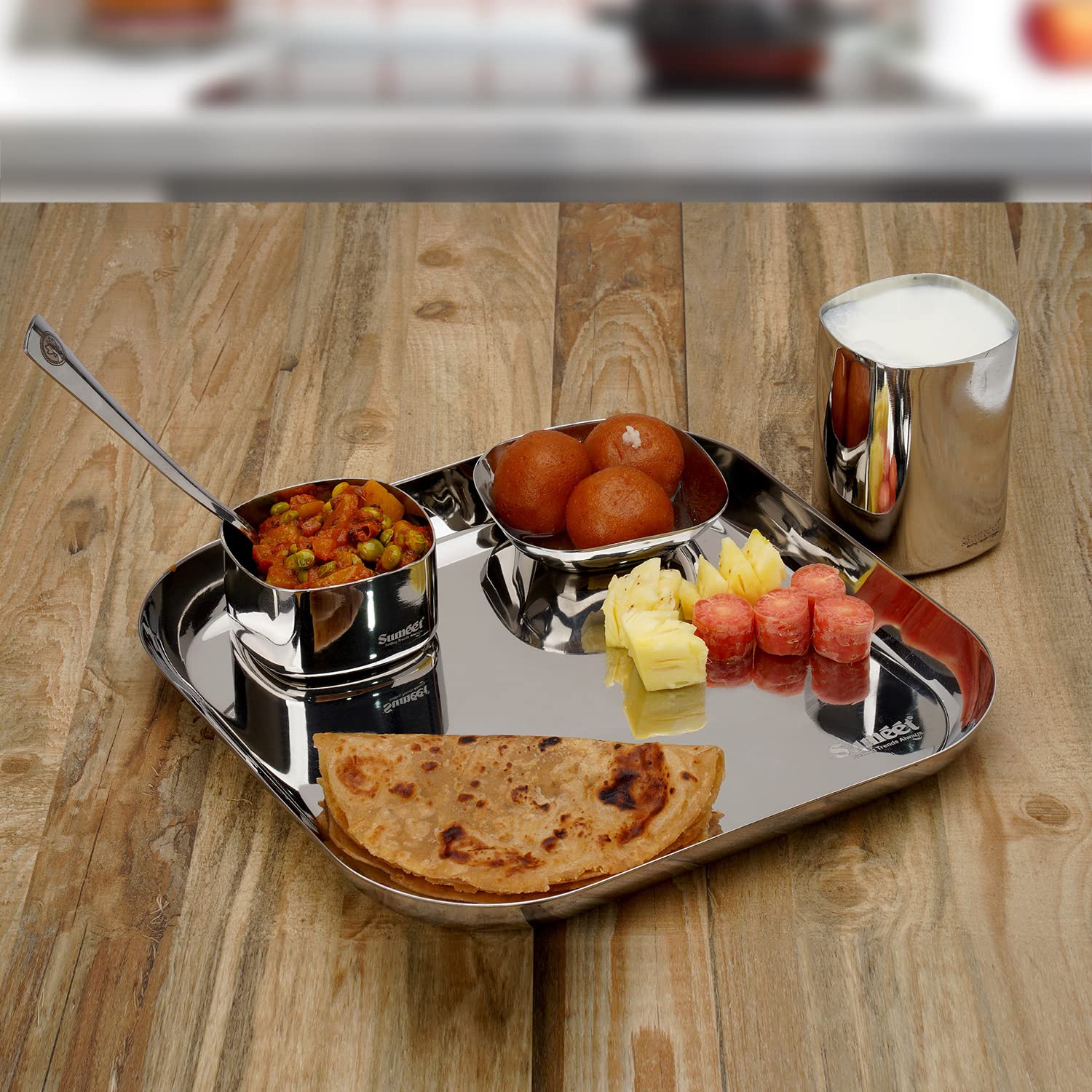 Sumeet Square Stainless Steel Heavy Gauge Mirror Finish Dinner Set Of 5 Pc (1 Plate, 1 Halwa Plate, 1 Bowl, 1 Glass, 1 Spoon)