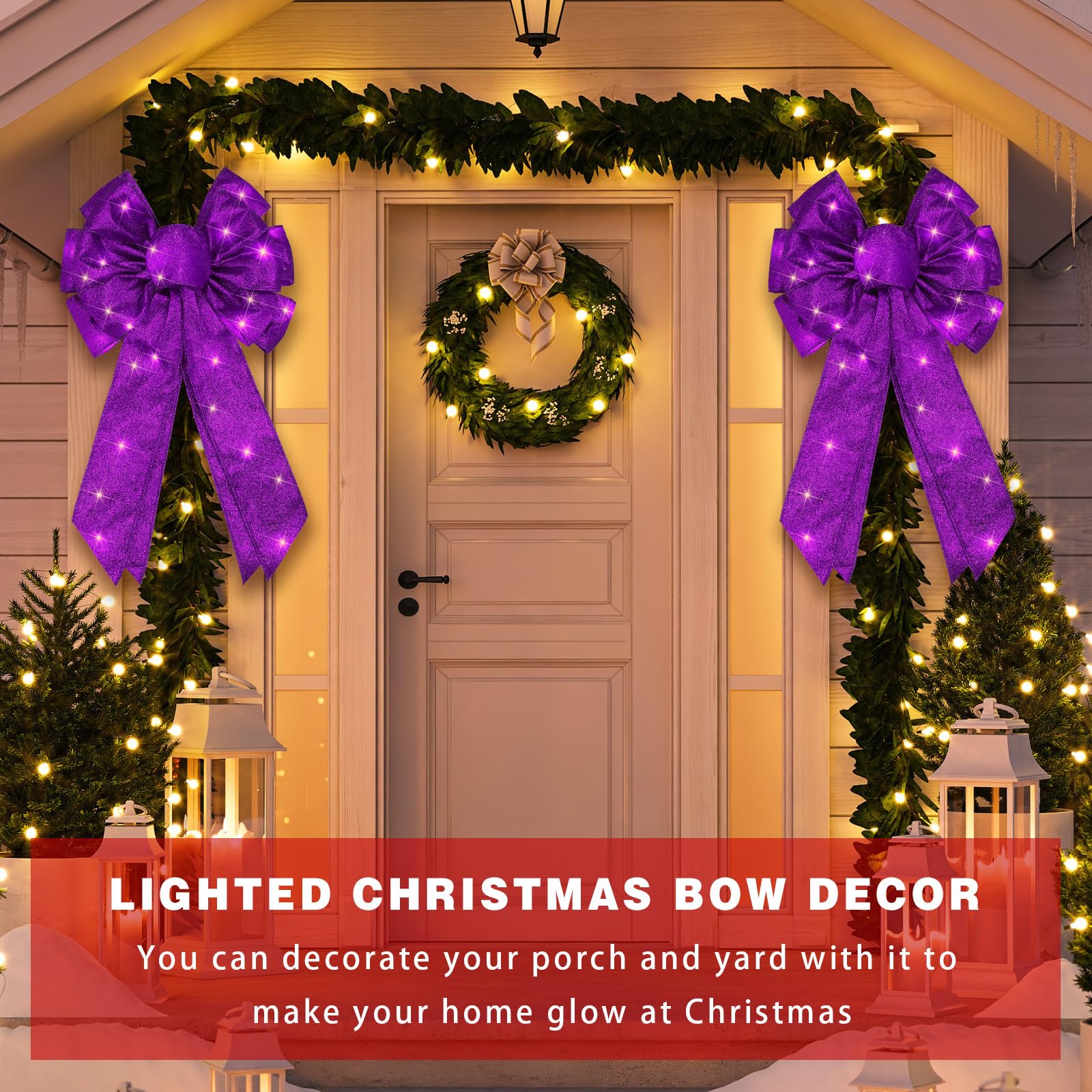 Giegxin 2 Pcs Large Purple Lighted Christmas Bows with Lights for Wreath and Tree Topper, 18x10 Inch Pre Lit Purple Wreath Bow L
