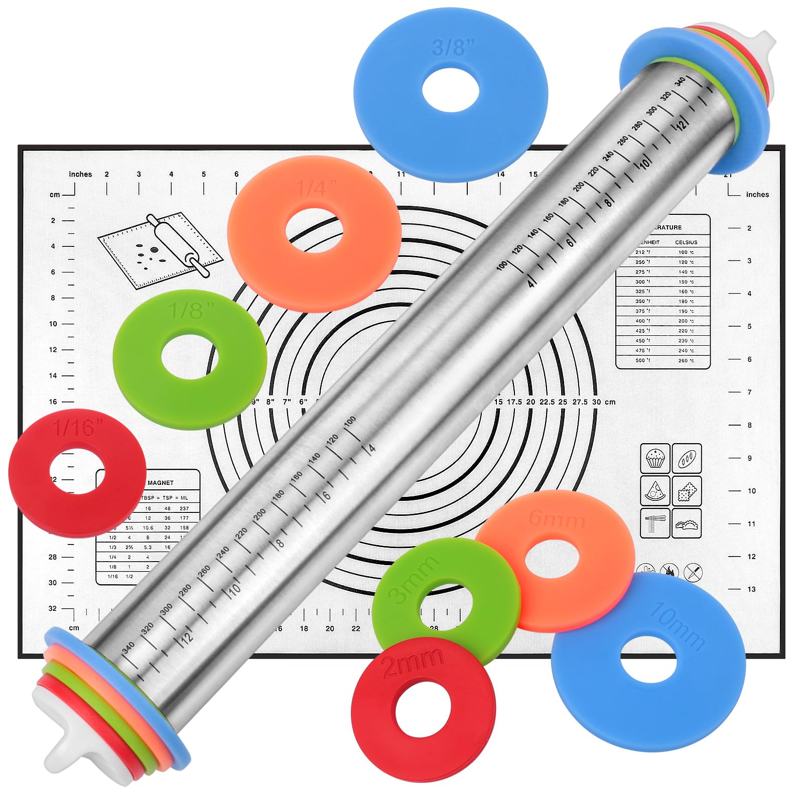 Rolling Pin With Thickness Rings And Silicone Baking Mat, Adjustable Stainless Steel Rolling Pins For Pasta Or Sugar Decorating