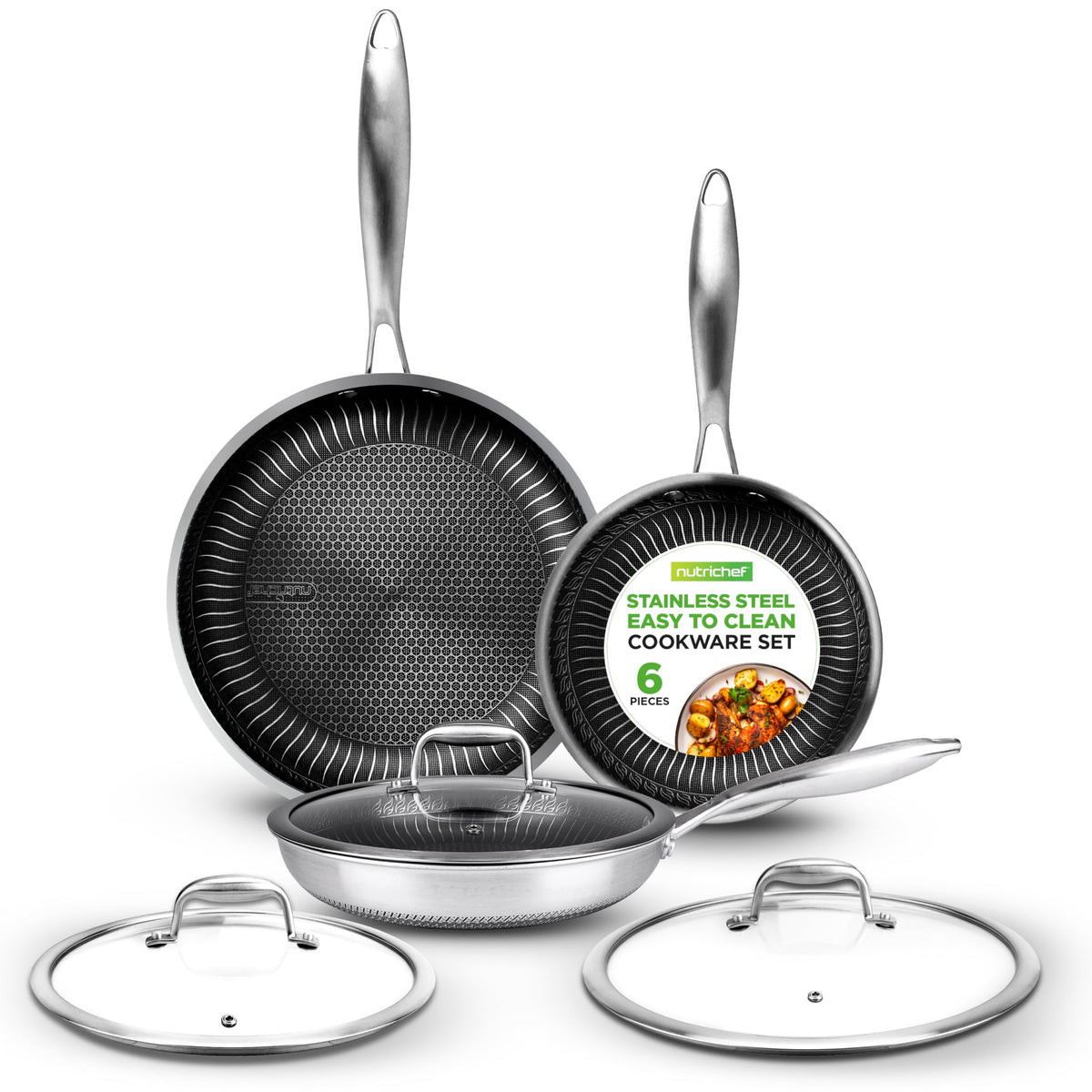 NutriChef 6-Piece Tri-Ply Stainless Steel Frying Pan Set - 8'', 10'', 12'' Non-Stick Skillets with Lids, Induction Compatible, O