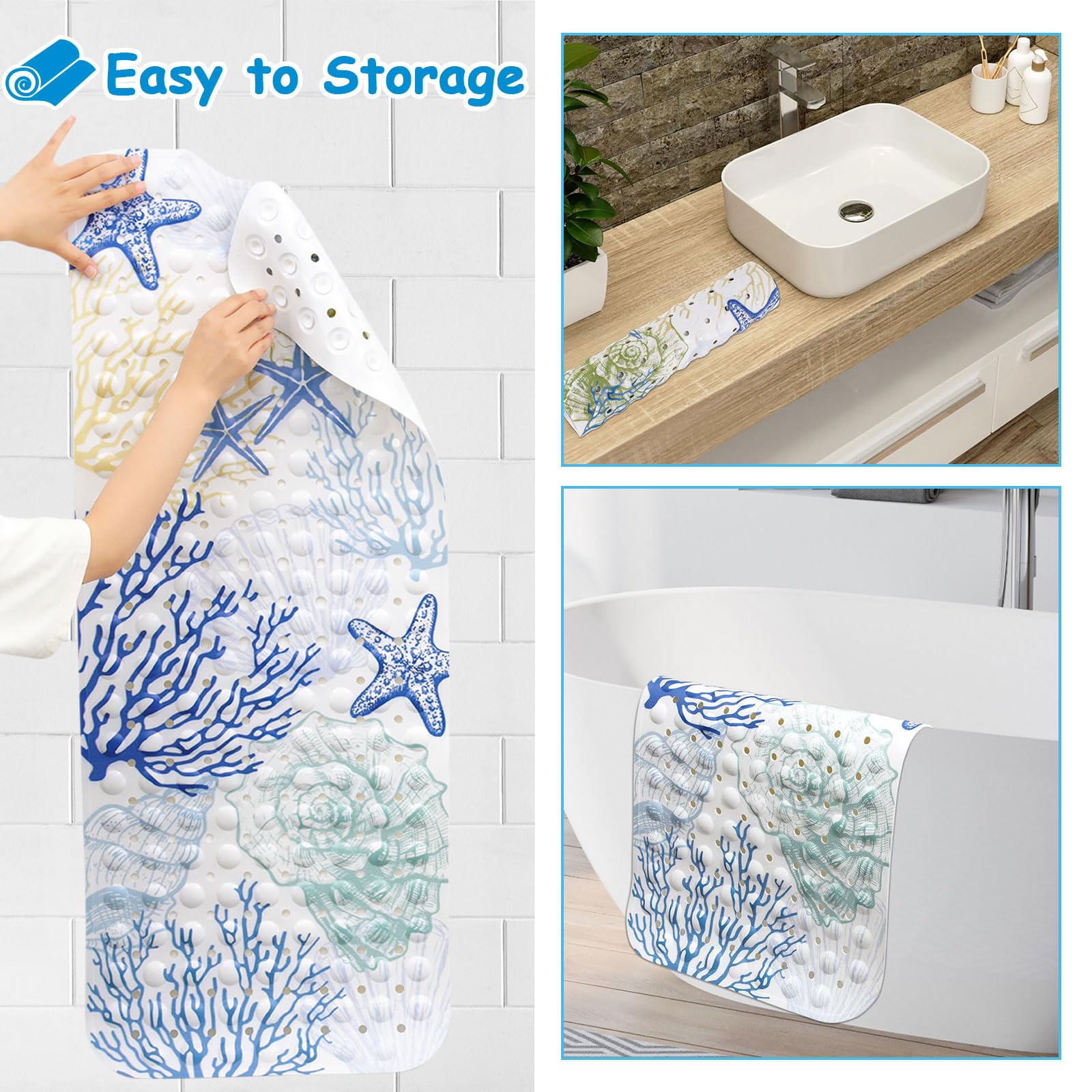 Topotdor Nautical Coastal Bathtub Mat, 40" x 16", Non-Slip, Machine Washable, Starfish Coral, Model LY0038BA