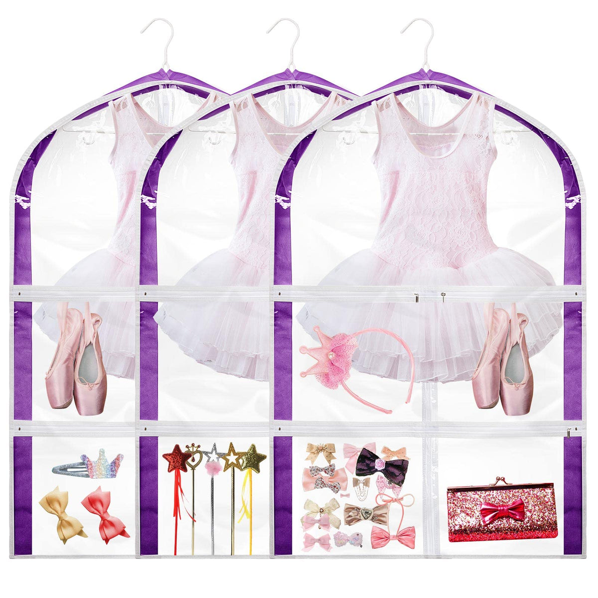 Amlove 3 Pack Clear Kids Dance Costume Garment Bag Garment Bags For Hanging Clothes, Pvc Dance Costume Bags With Garment Rack Da