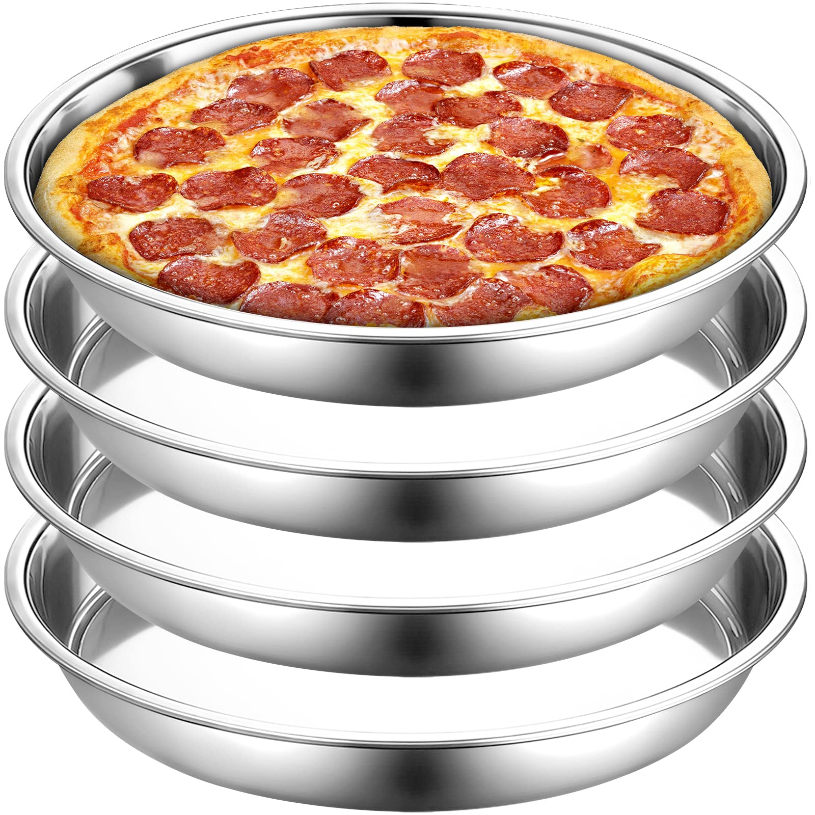 Elsjoy 4 Pack 13 Inch Stainless Steel Pizza Pan, Deep Round Baking Pan Large Pizza Baking Tray, Heavy-Duty Pizza Dish Non-Stick
