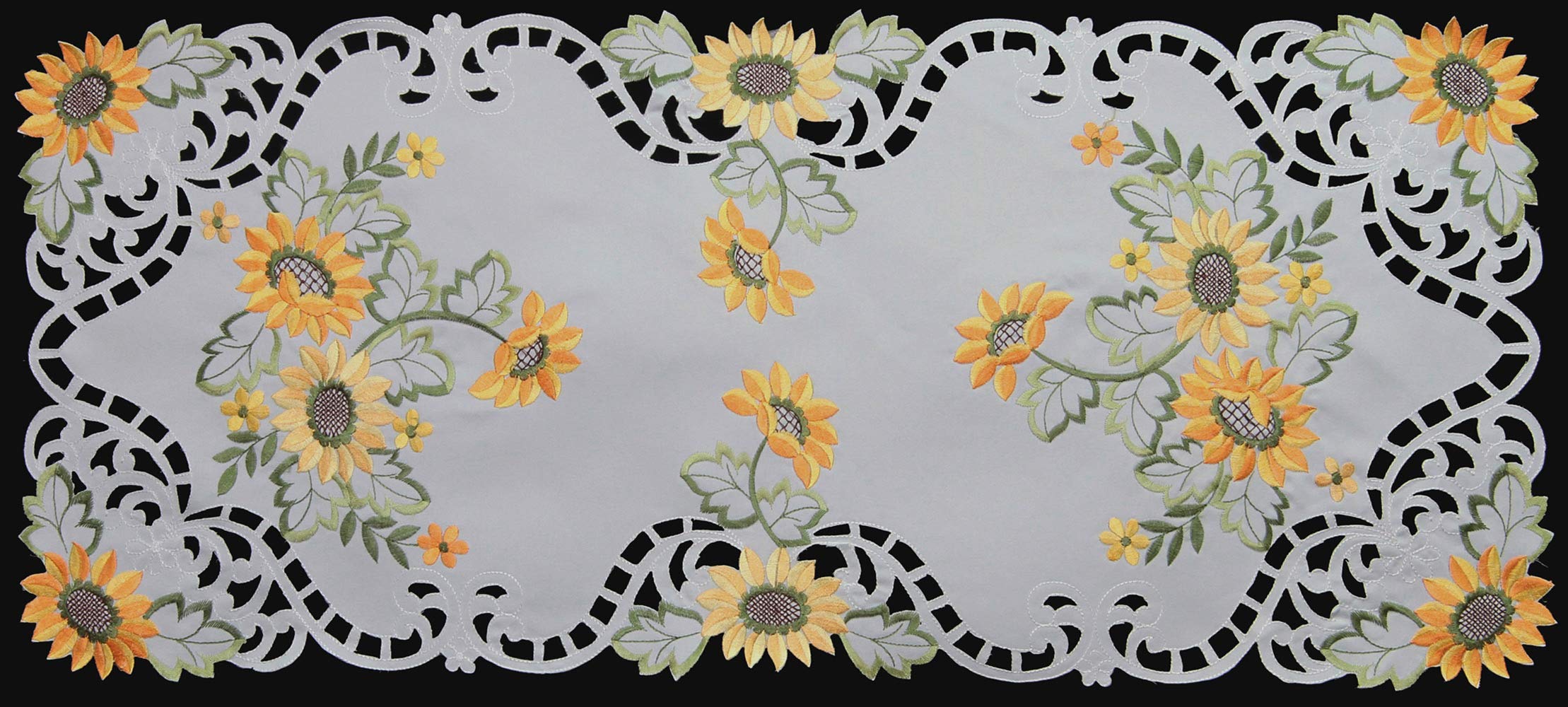 Creative Linens Sunflower Table Runner 15x34 Embroidered Cutwork Dresser Scarf White