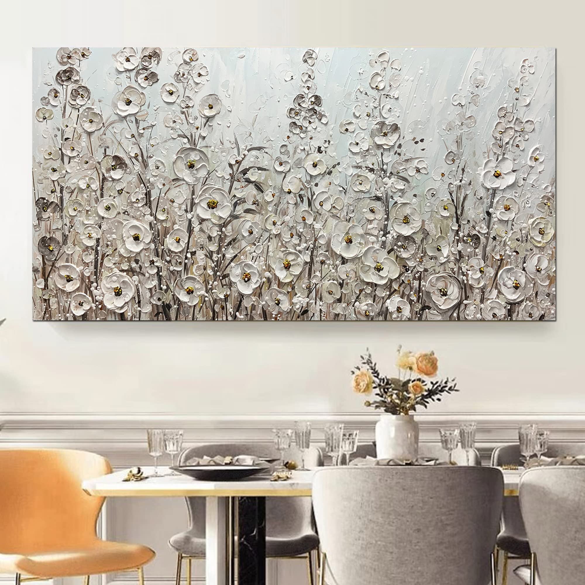 Yotree 24X48 Inch Wall Art Hand-Painted Framed White Flowers Oil Painting On Canvas Gallery Wrapped Modern Floral Artwork For Li