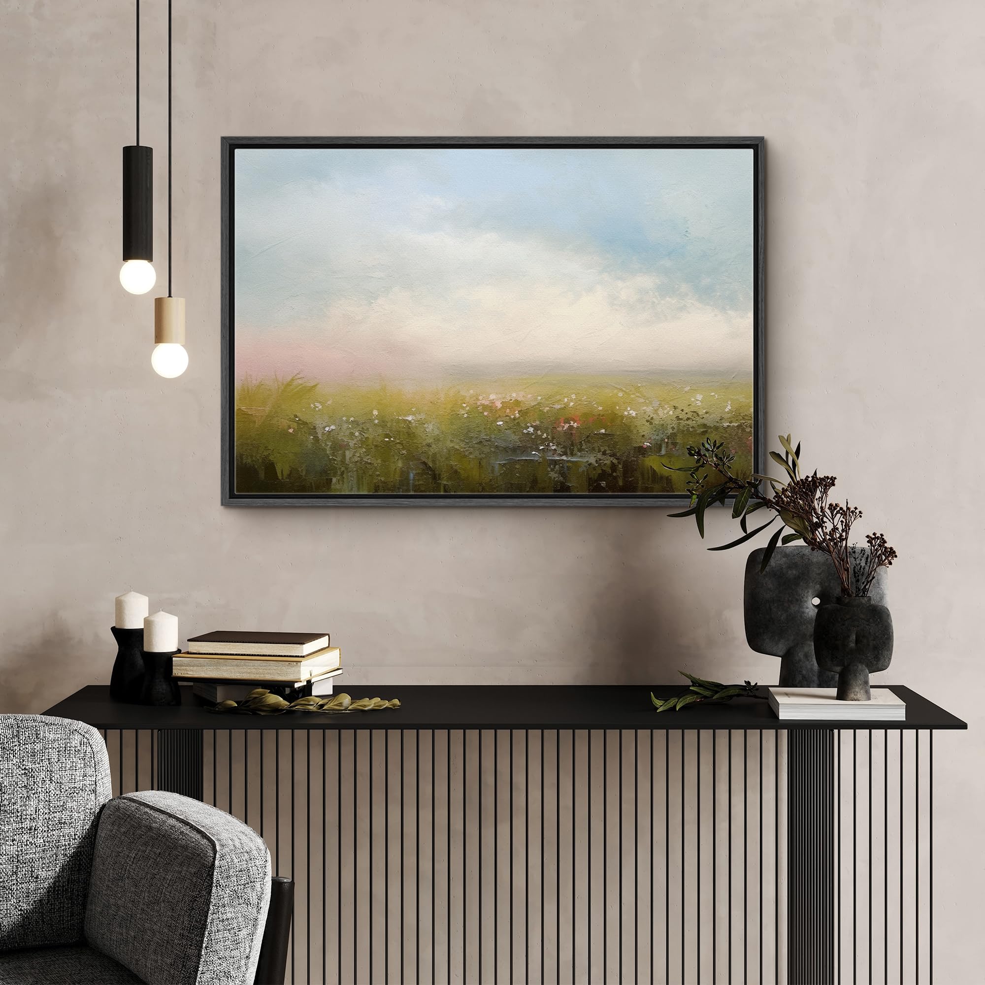 Signford Framed Canvas Print Wall Art Sunset Clouds Green Flower Meadow Nature Wilderness Illustration Minimalism Decorative Col
