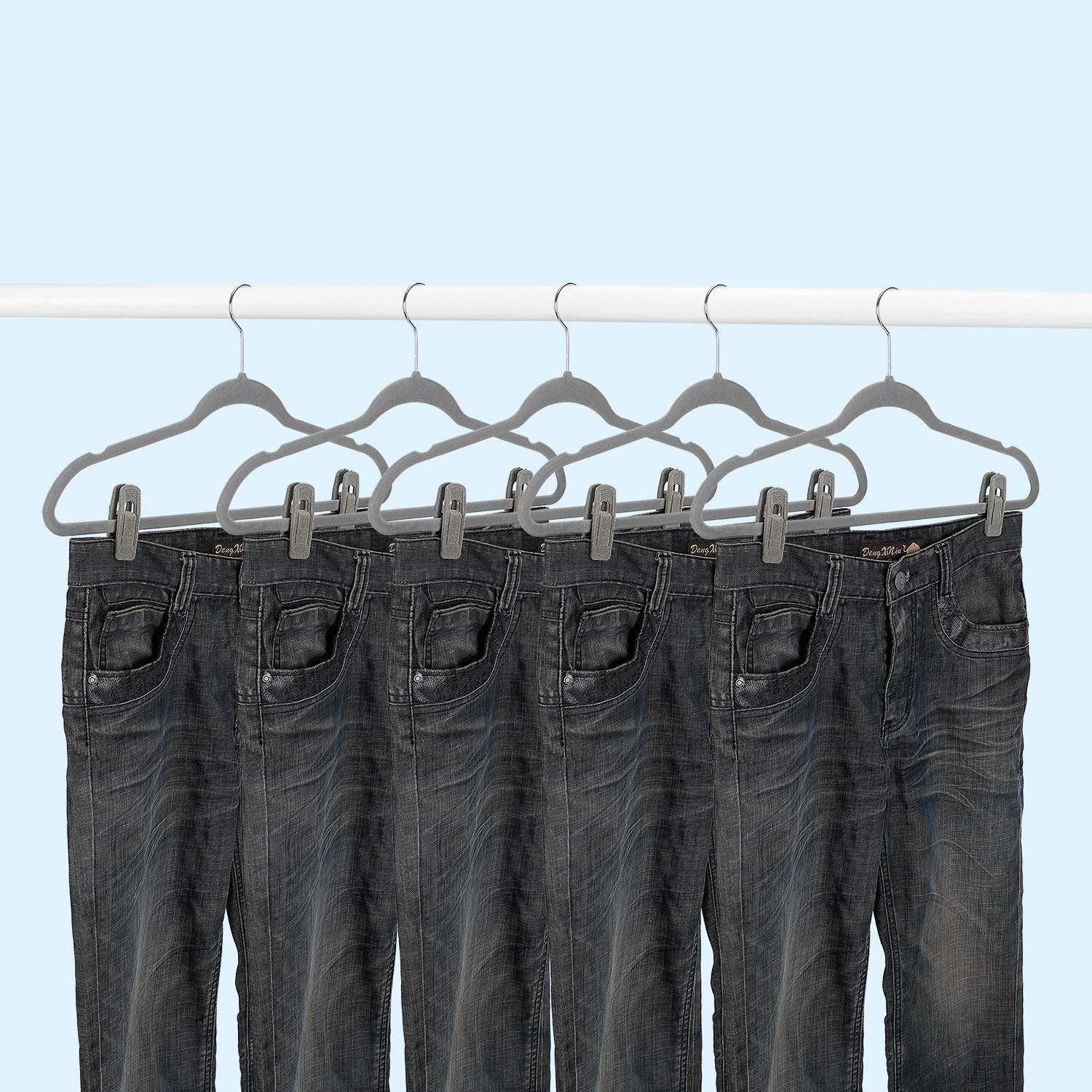 TOFIIGREM Grey Velvet Hangers Clips (50-Pack)  Non-Slip Velvet Skirt Hanger Clips for Velvet Hangers  Strong Finger Clips Perfect for Kids Velvet Hangers Skirt Pant Clothes Gray Velvet Hangers