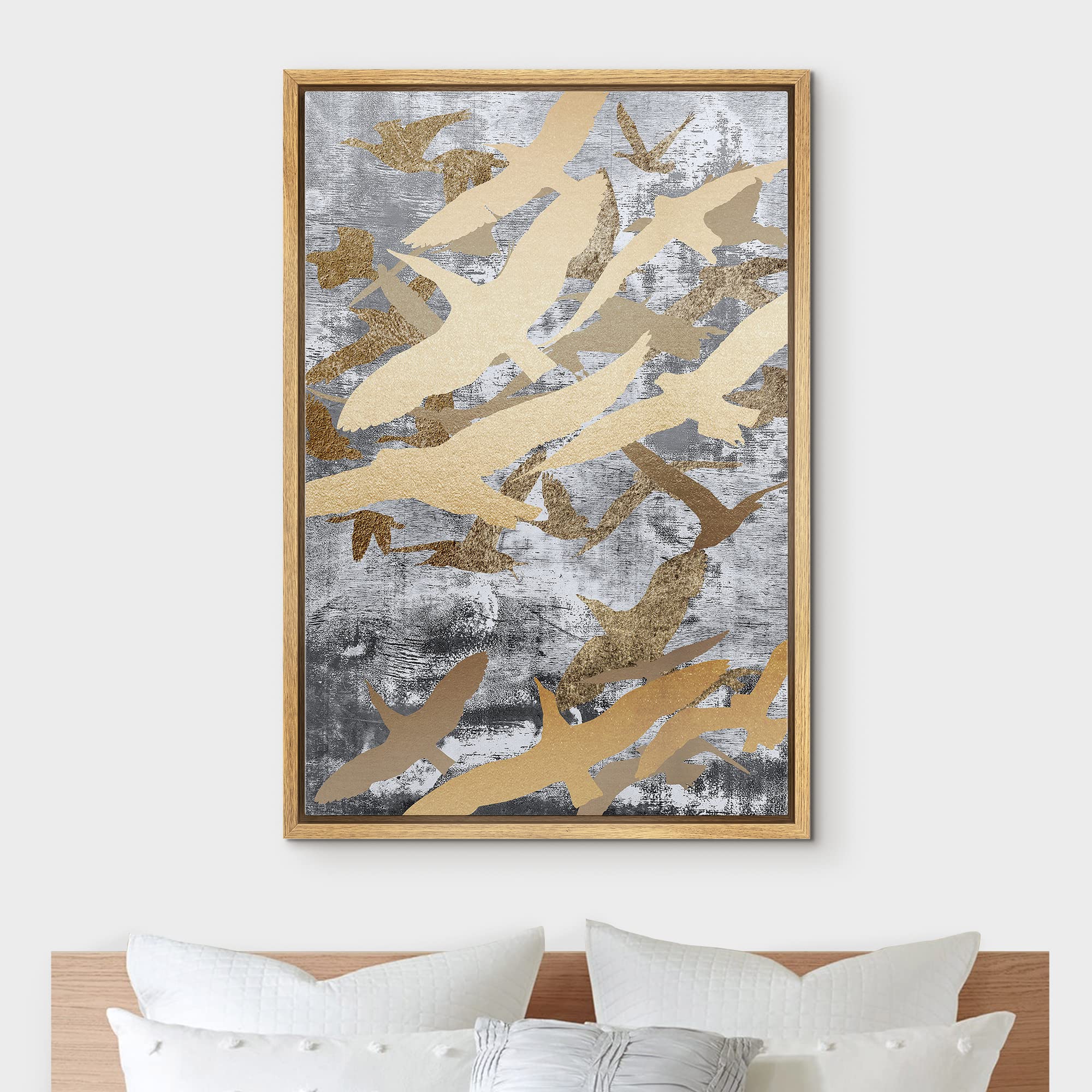 NWT Framed Canvas Print Wall Art Flying Golden Bird Collage Nature Wilderness Illustrations Modern Art Decorative Landscape Rustic Zen Colorful for Living Room  Bedroom  Office - 24''x36'' Natural