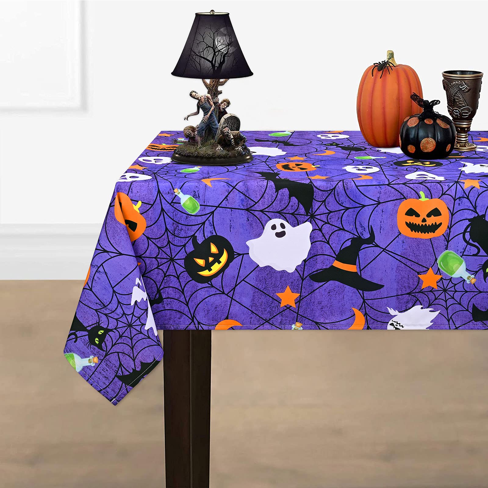 Halloween Tablecloth, Spider Web And Pumpkin Table Cloth, Bat Cobweb And Ghost Waterproof Tablecloths, Spillproof Tablecover For