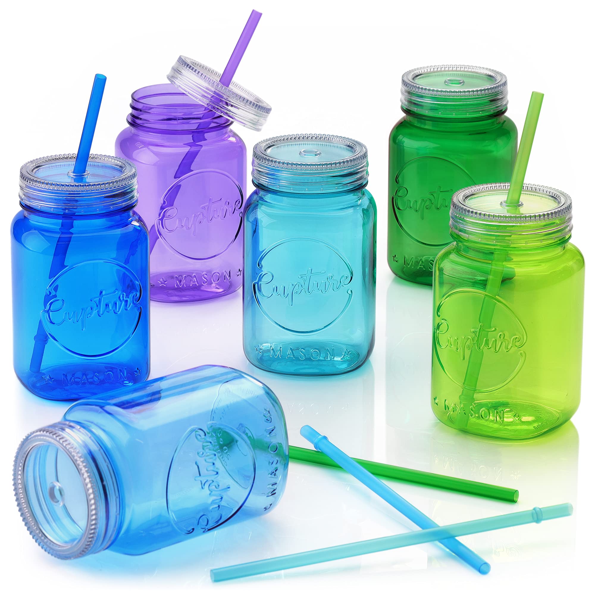 Cupture Acrylic Mason Jar Tumbler Mugs With Lids & Straws - 20 Oz, 6 Pack (Cool Lagoon)