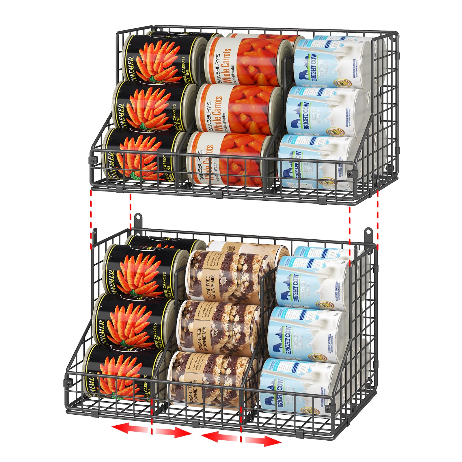 Jksmart 2 Pack Stackable Can Rack Organizer For Pantry Storage,Can Dispensers With 4 Adjustable Dividers, 2-Tier Metal Wire Bask