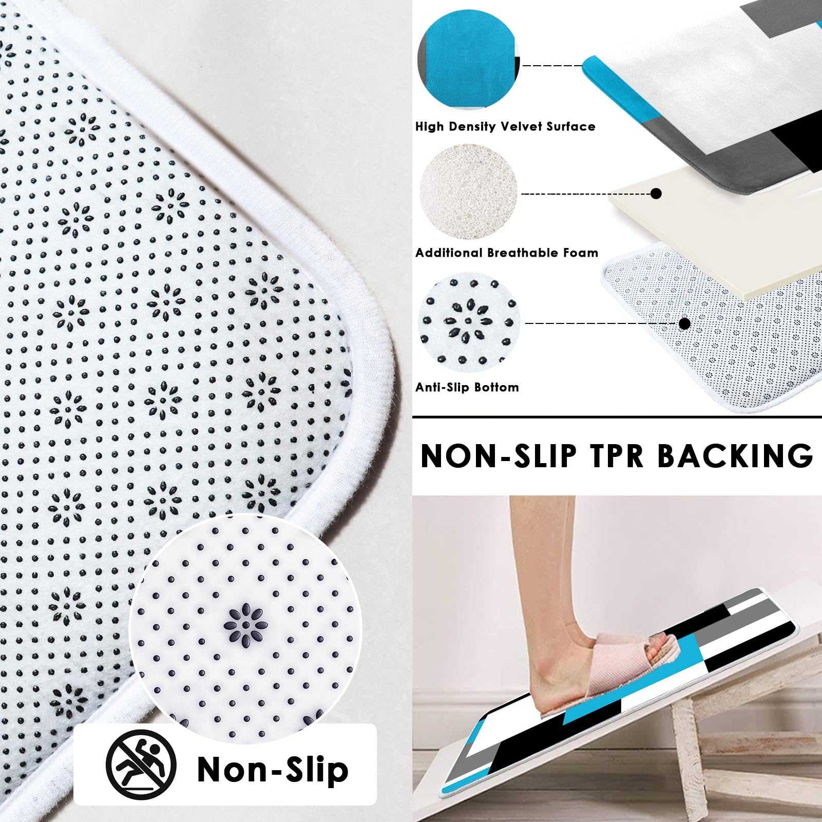 Tayney Blue Geometric Shower Curtain Set with Toilet Lid Cover and Non-Slip Rugs  Black White Grey Checkered 4 Pcs Modern Abstract Shower Curtain for Bathroom Set with 12 Hooks