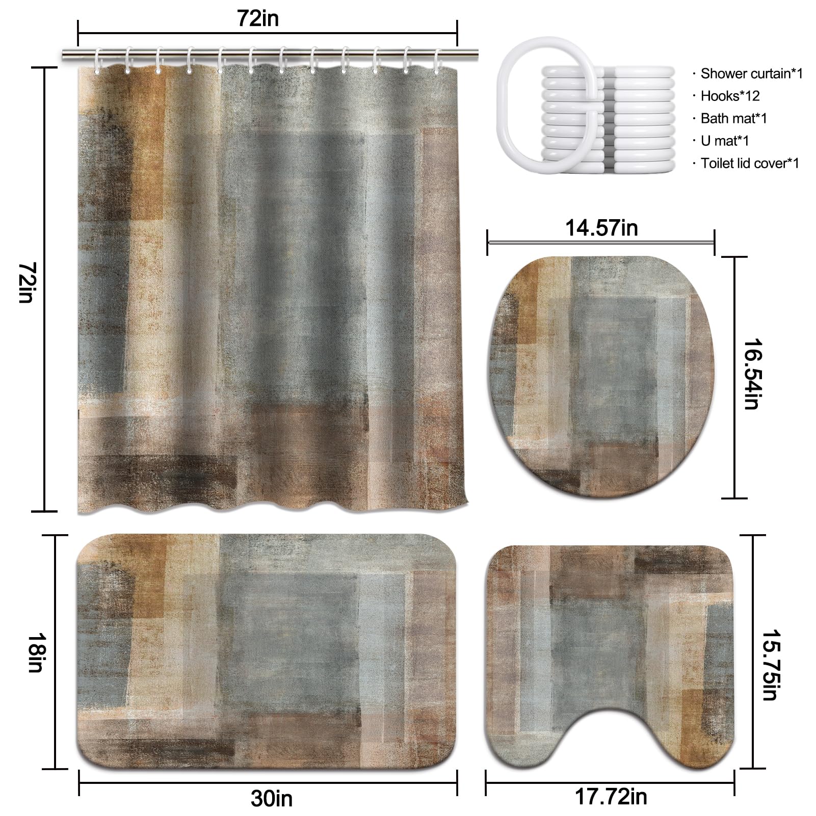 Lnond 4Pcs Bathroom Shower Curtain Sets With Rugs,Brown Gradient Painting Art Bathroom Sets With Shower Curtain And Rugs And Acc