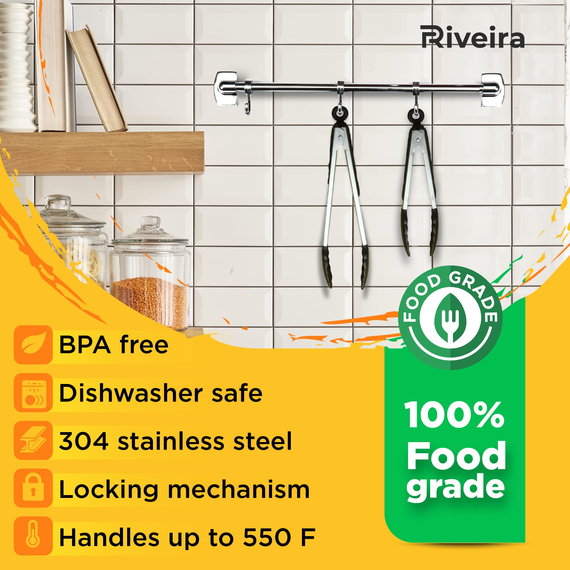 Riveira Tongs For Cooking With Silicone Tips | 9 And 12-Inch Pieces Set | Non-Stick Kitchen Grill Tongs | Bbq Grilling Tong | 55