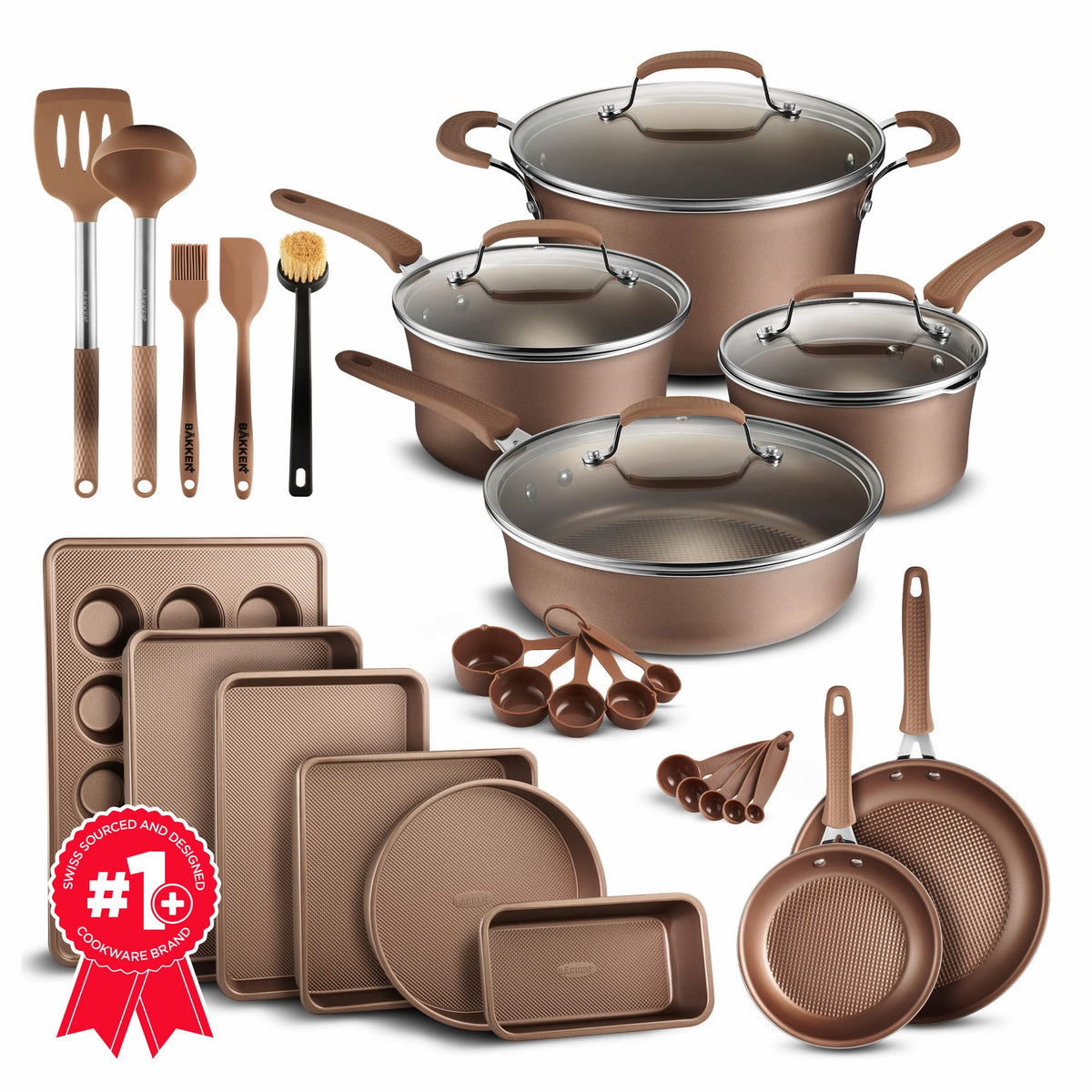 Cookware Set - 23 Piece -Gold Multi-Sized Cooking Pots with Lids, Skillet Fry Pans and Bakeware - Reinforced Pressed Aluminum Me