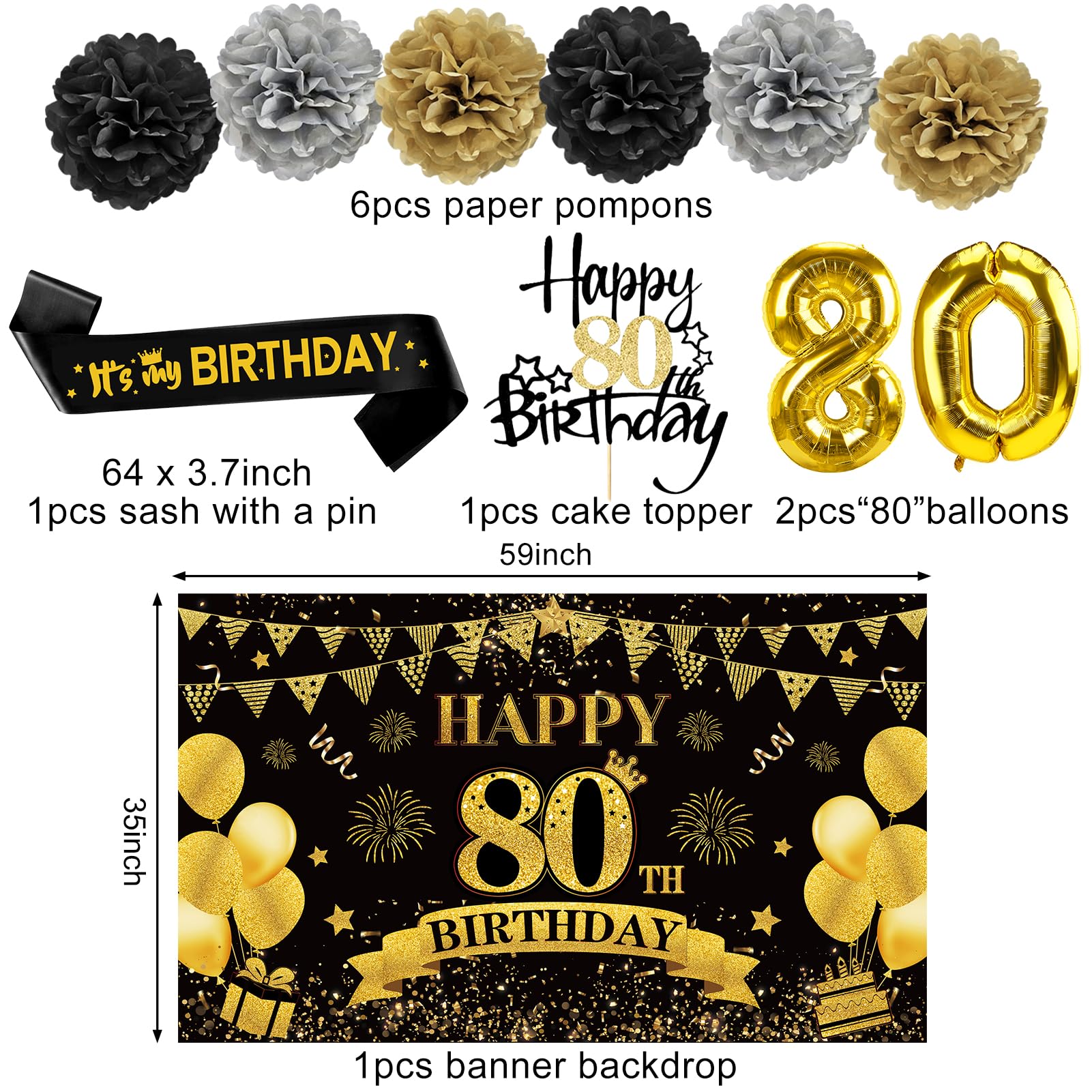 Eucutur 42Pcs 80Th Birthday Decoration Kit For Men Women, Black Gold Happy 80Th Bday Banner Balloons Honeycomb Centerpiece Swirl