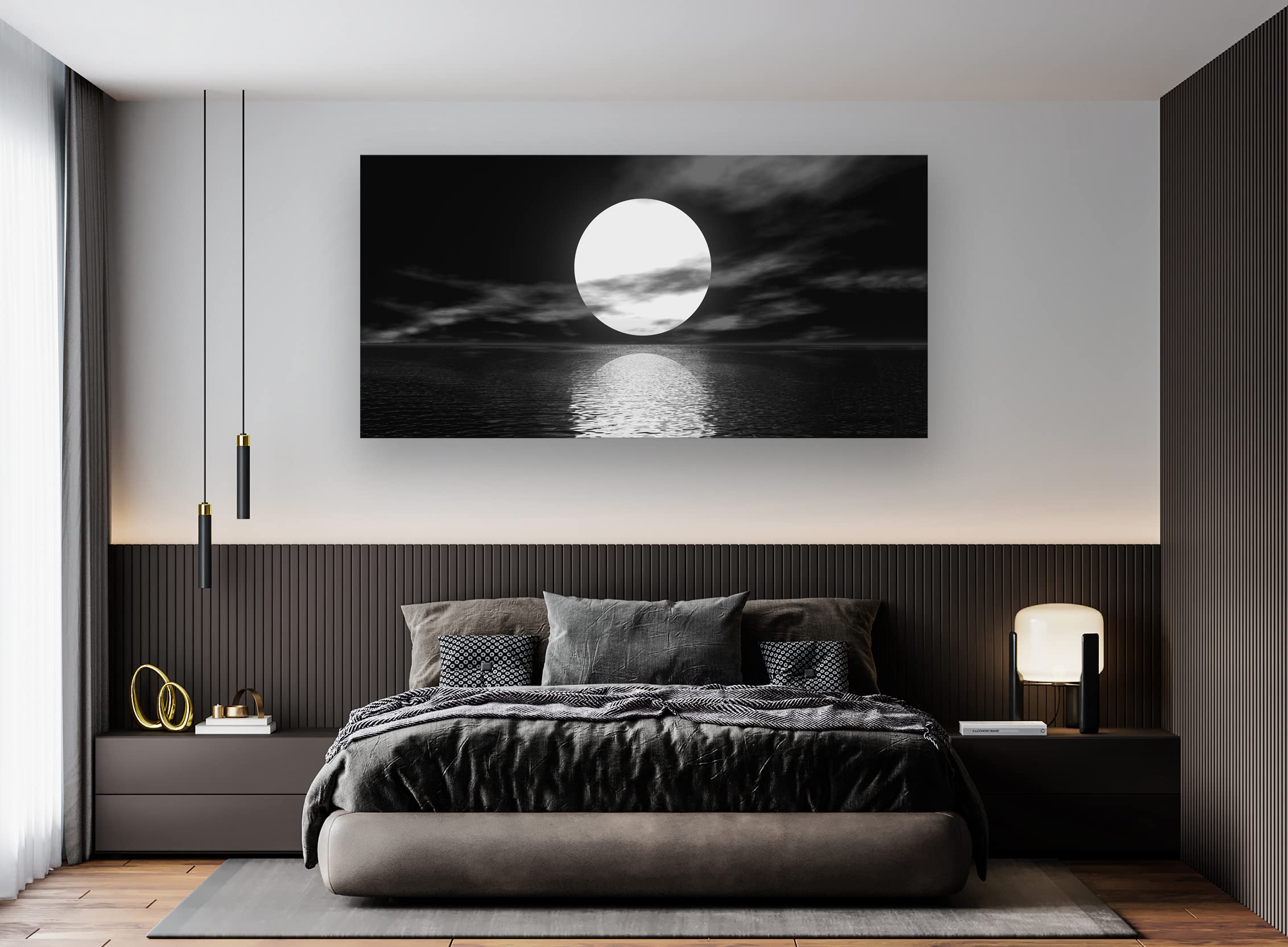 Cao Gen Decor Art S06475 Wall Art Canvas Sea White Full Moon in Night Picture Canvas Poster Print Black and White Ocean for Living Room Bedroom Kitchen Home Decorations Framed Artwork