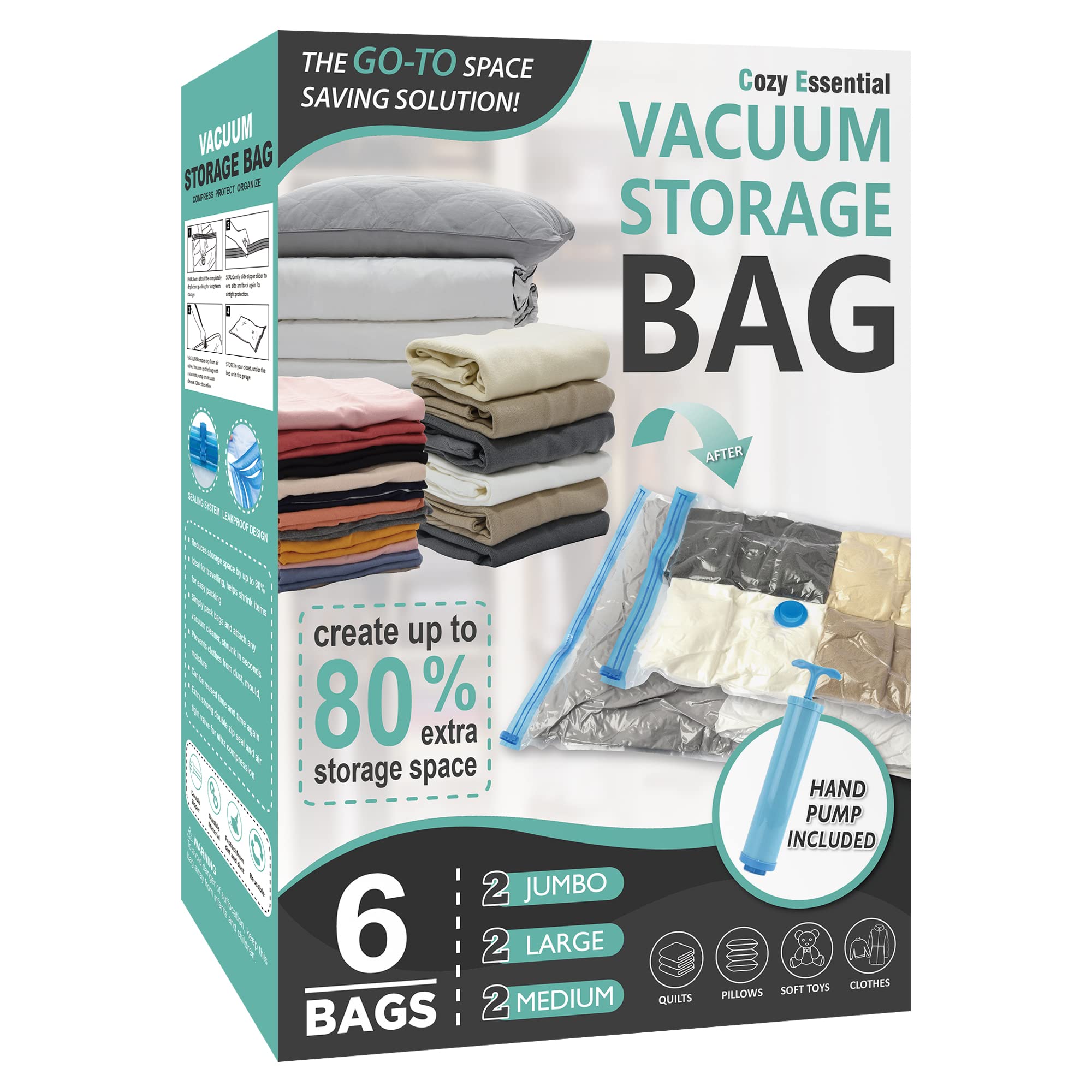 6 Pack Vacuum Storage Bags, Space Saver Bags (2 Jumbo/2 Large/2 Medium) Compression Storage Bags For Comforters And Blankets, Va