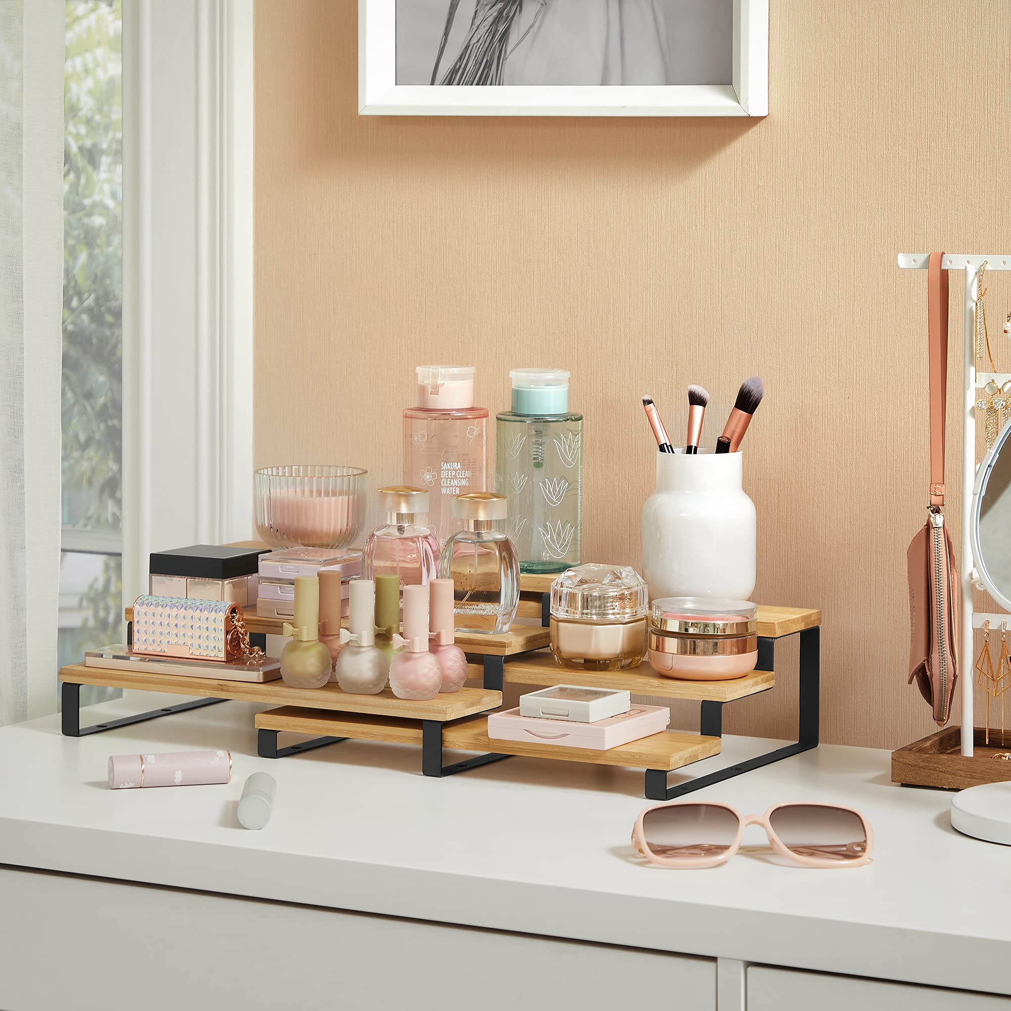 SONGMICS Display Risers, Set of 2 Bamboo Perfume Organizer Stand, 3 Tier Cupcake Stand Holder, Spice Rack, Shelf Risers for Figu