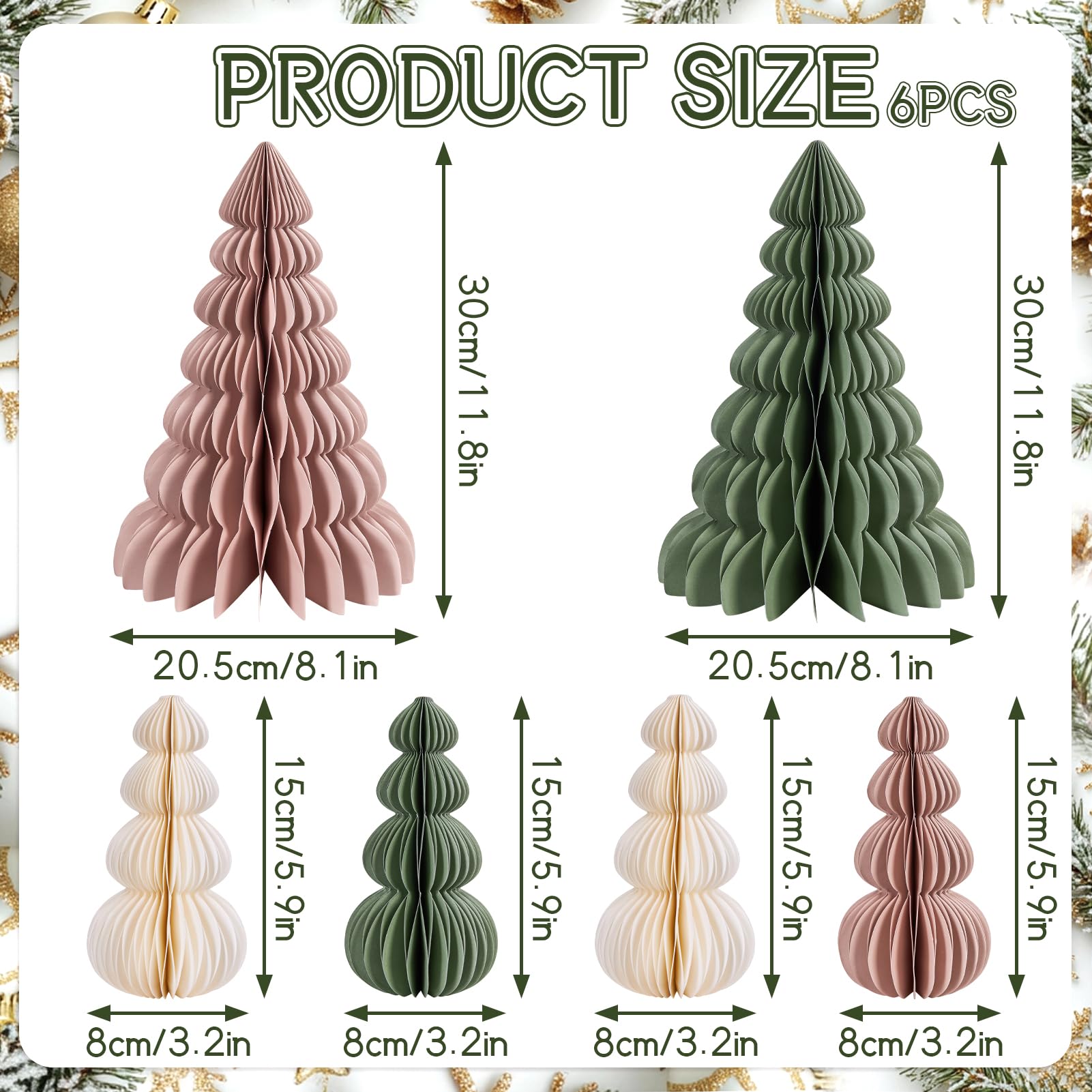 OBBOLO 6 Pcs Paper Christmas Tree, Beige, Sage Green and Dusty Pink Tabletop Christmas Decorations with Magnetic Closure, 12 & 6