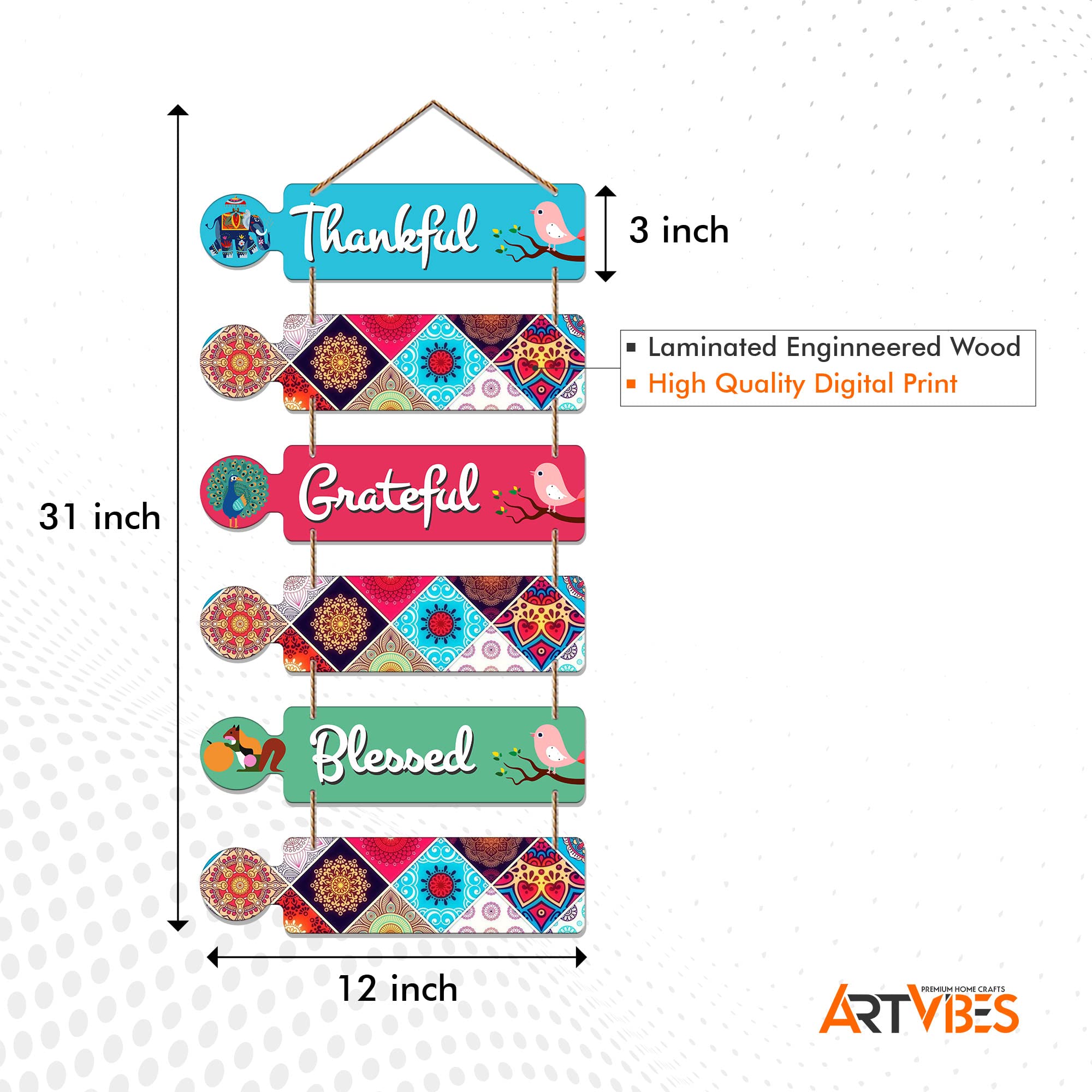 Artvibes Thankful Quotes Decorative Wall Art Mdf Wooden Wall Hanger For Living Room|Quotes Decor Items|Wood (Wh_6003N),Set Of 6