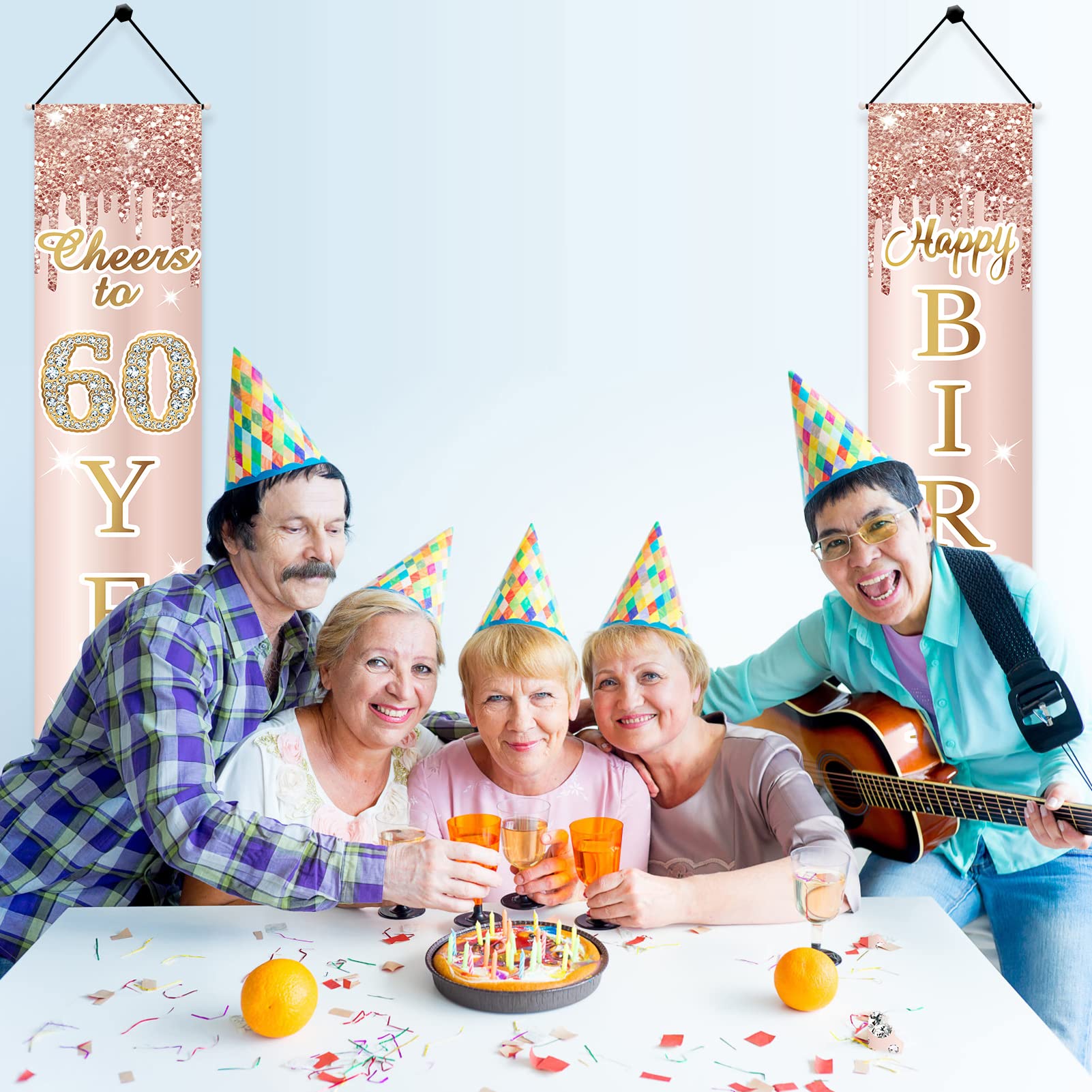 60Th Birthday Decorations Door Banner For Women, Pink Rose Gold Cheers To 60 Years Birthday Backdrop Sign Party Supplies, Happy