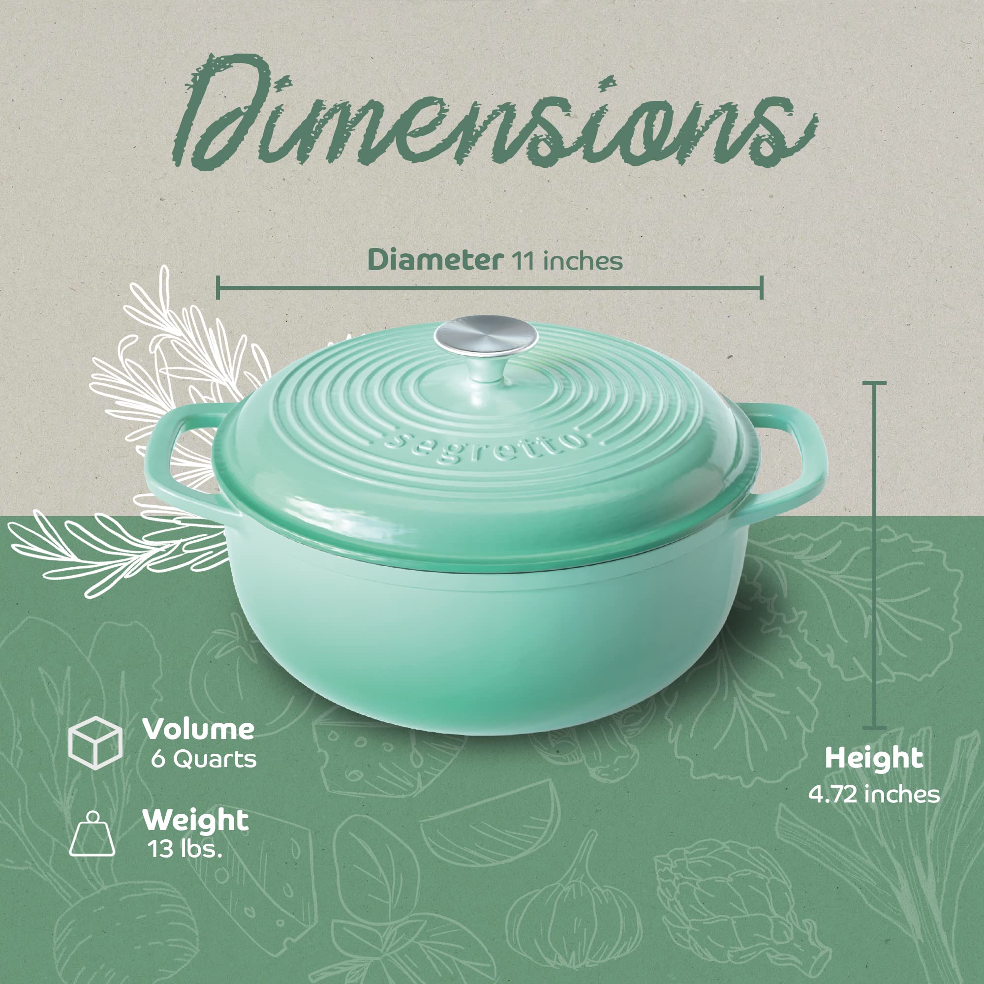 Segretto Cookware Enameled Cast Iron Dutch Oven With Handle, 6 Quarts, Verde Chiaro (Light Green) 6-Quarts Stovetop Oven Cast Ir