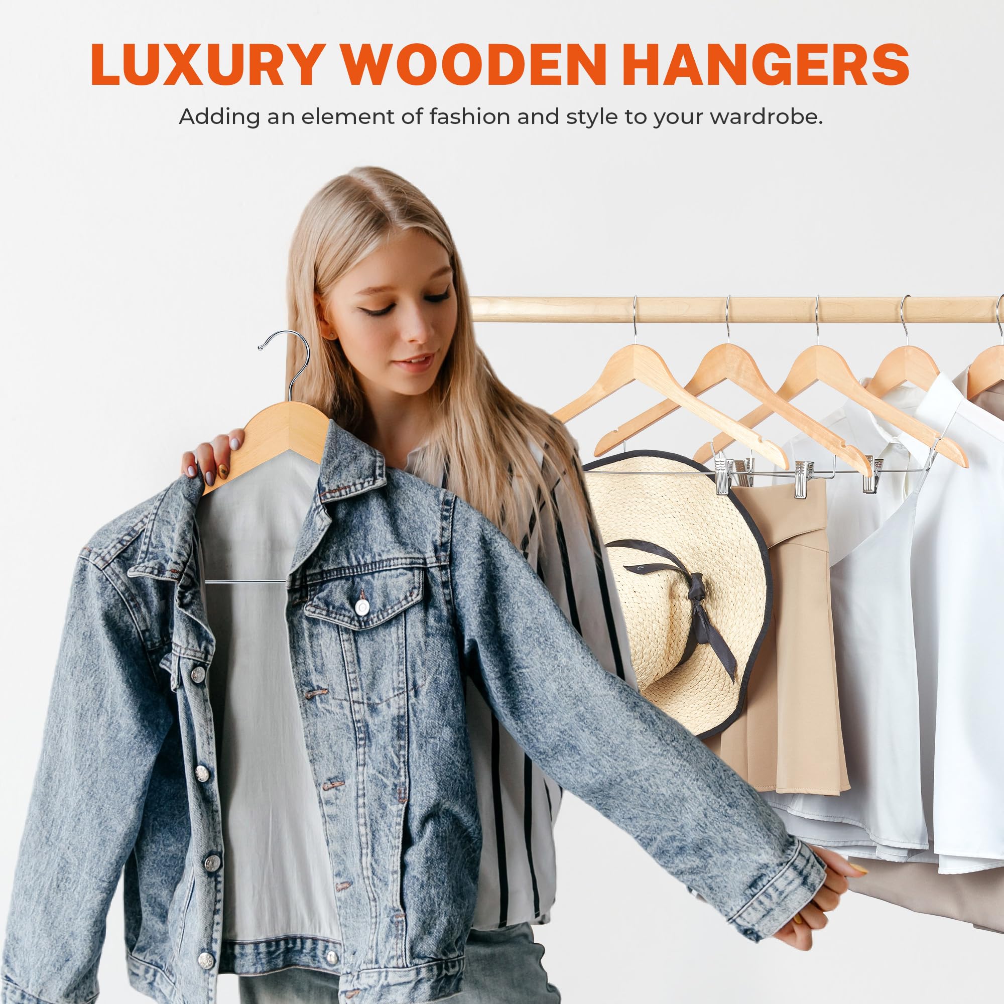 House Day Wooden Hangers With Clips 24 Pack,Wooden Suit Hangers Skirt Hangers Solid Wood Pants Hangers Natural Smooth Finish Woo