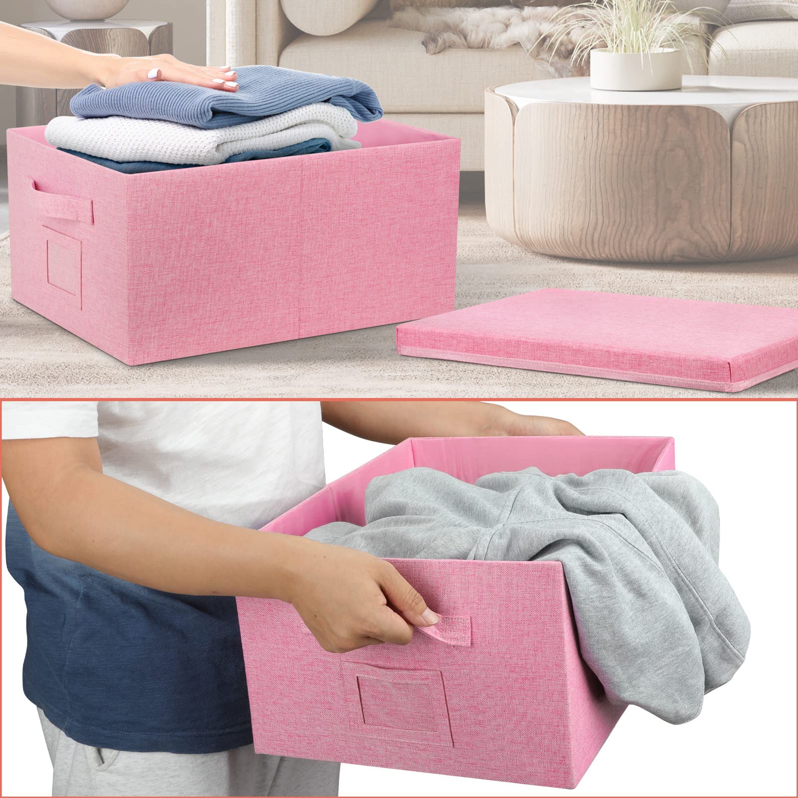 Graciadeco 22.8Qt Closet Storage Boxes With Lids Pink Folding Keepsake Storage Bins Stackable Flat Lidded Carboard Storage Conta