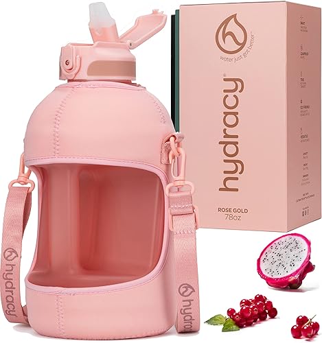 Hydracy Water Bottle with Storage Sleeve and Straw - Large Half gallon BPA Free Motivational Jug with Time Marker - Leak Proof gym Bottle - Ideal gift for Fitness or Sports & Outdoors ( Rose gold Straw  78oz)