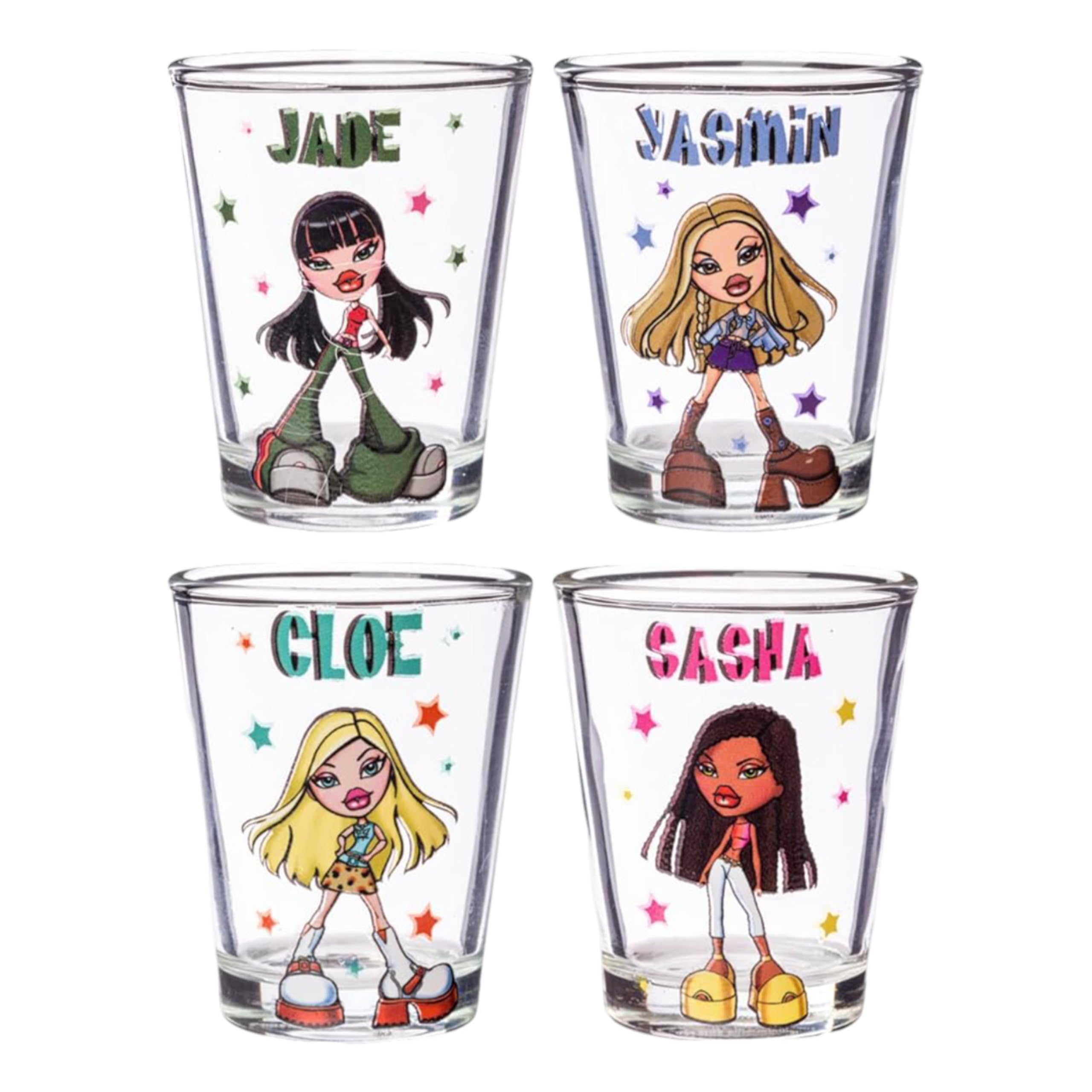 Silver Buffalo Bratz Dolls Fashionista Stars Featuring Jade, Yasmin, Cloe, And Sasha 4 Pack Mini Glasses, 1.5 Ounces