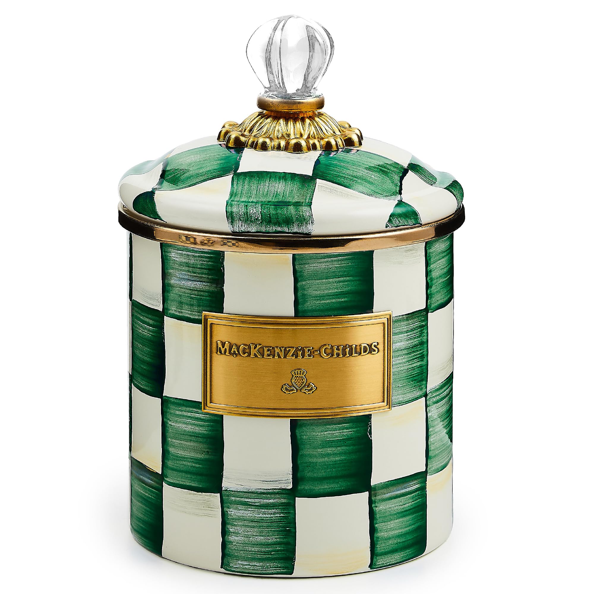MACKENZIE-CHILDS Small Enamel Canister, Kitchen Storage Container for Flour and Sugar, 1.13 Liters, Black-and-White Courtly Chec