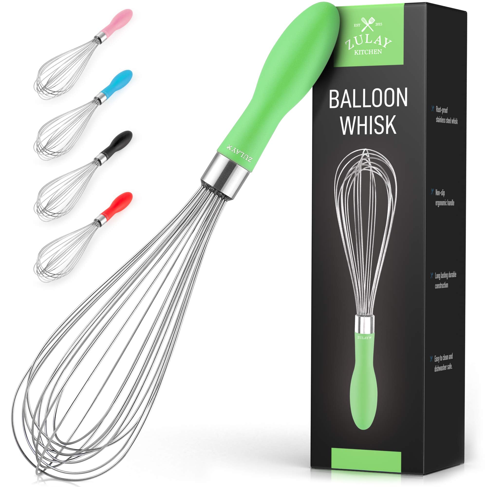 Zulay 12-Inch Stainless Steel Whisk - Balloon Whisk Kitchen Tool With Soft Silicone Handle - Thick Durable Wired Whisk Utensil F