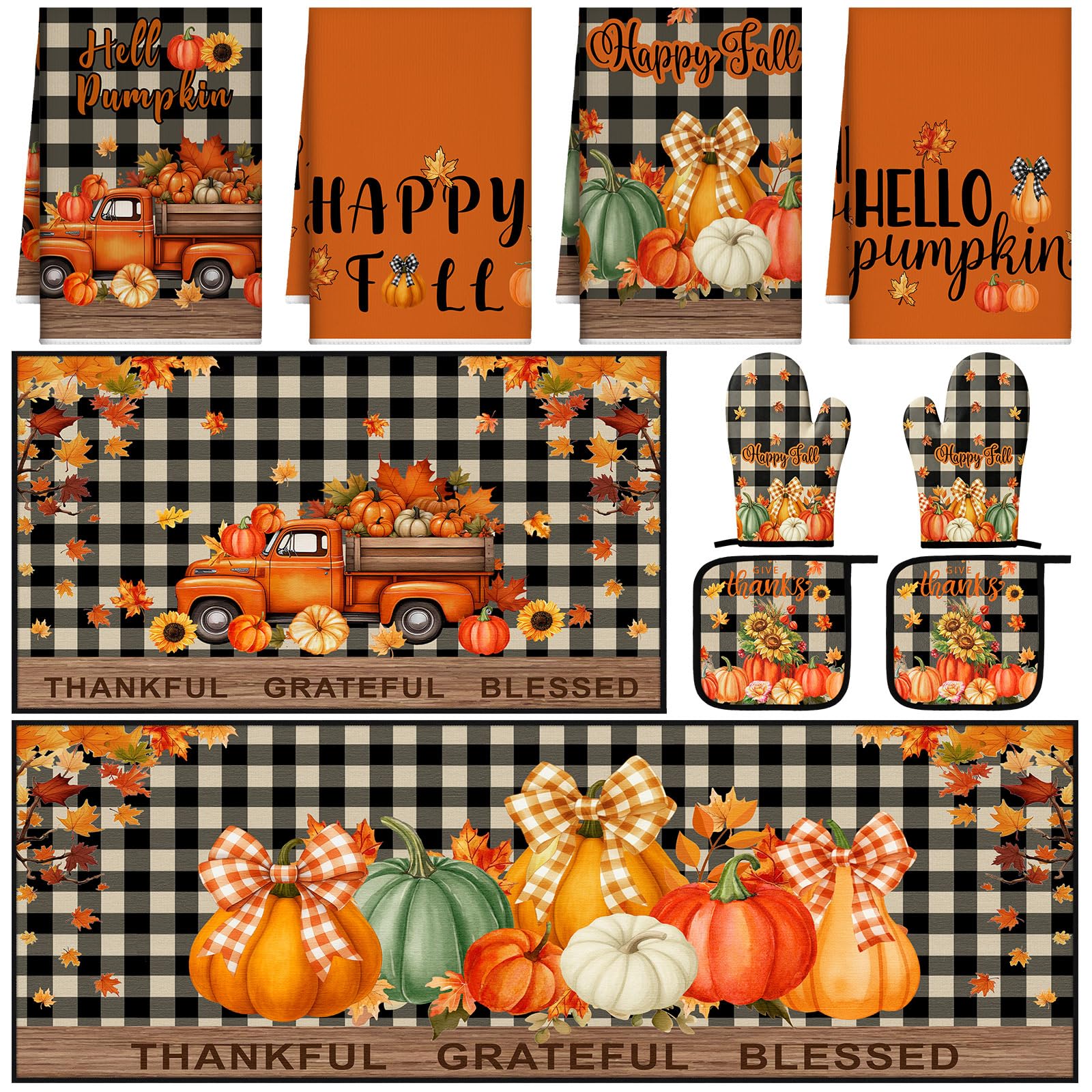 Fourluoo 10 Pcs Fall Pumpkin Kitchen Decor and Accessories Set Thankful