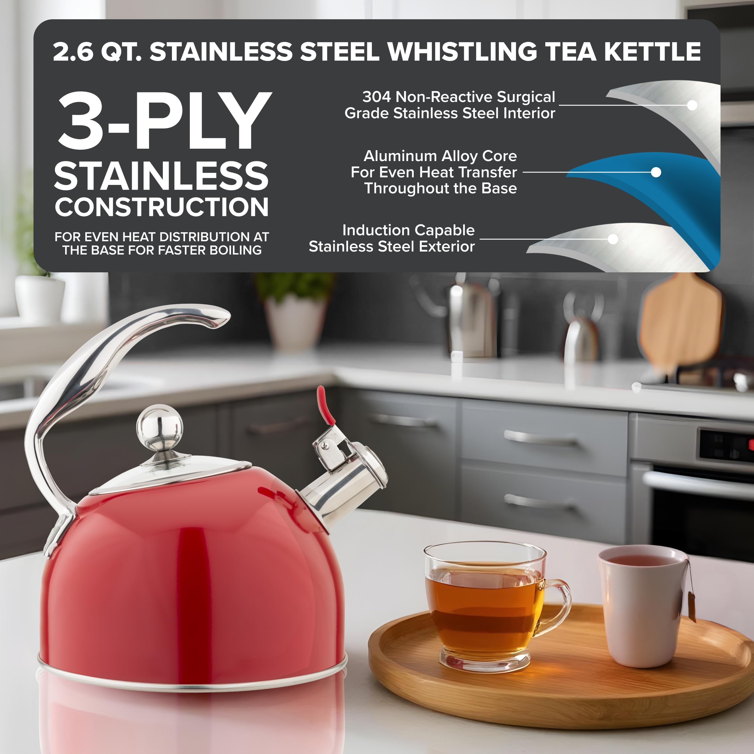 Viking Culinary 3-Ply Stainless Steel Whistling Tea Kettle  2.6 Quart  Includes Tempered Glass Lid  Ergonomic Stay-Cool Handle  Works on All Cooktops including Induction  Red