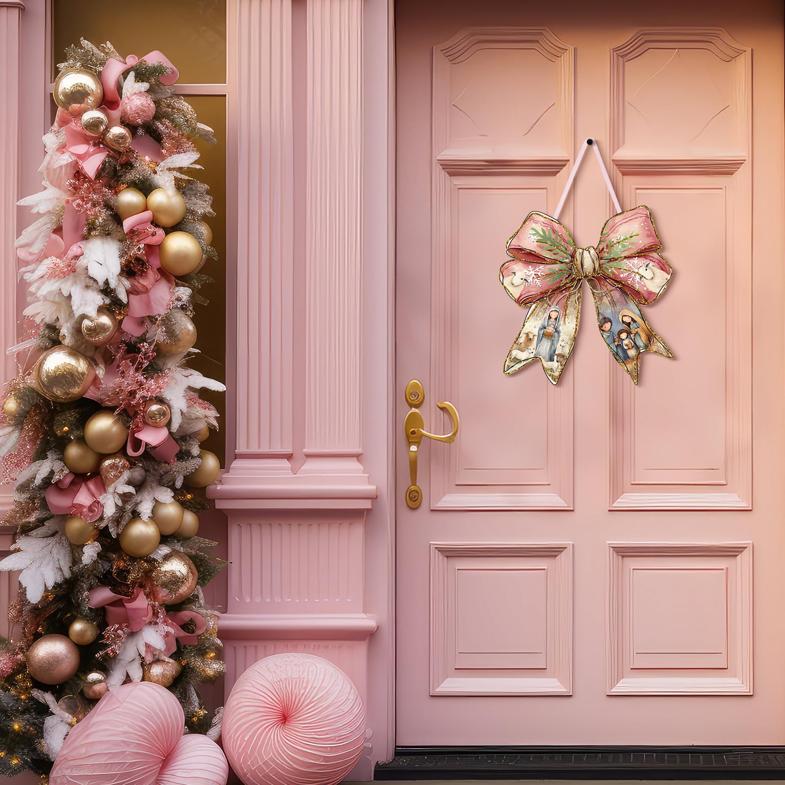 RattanView Jesus Christmas Bow Wooden Hanging Sign Coquette Bow Wall Hanging Nativity Scene Wall Art Bowknot Welcome Door Sign D