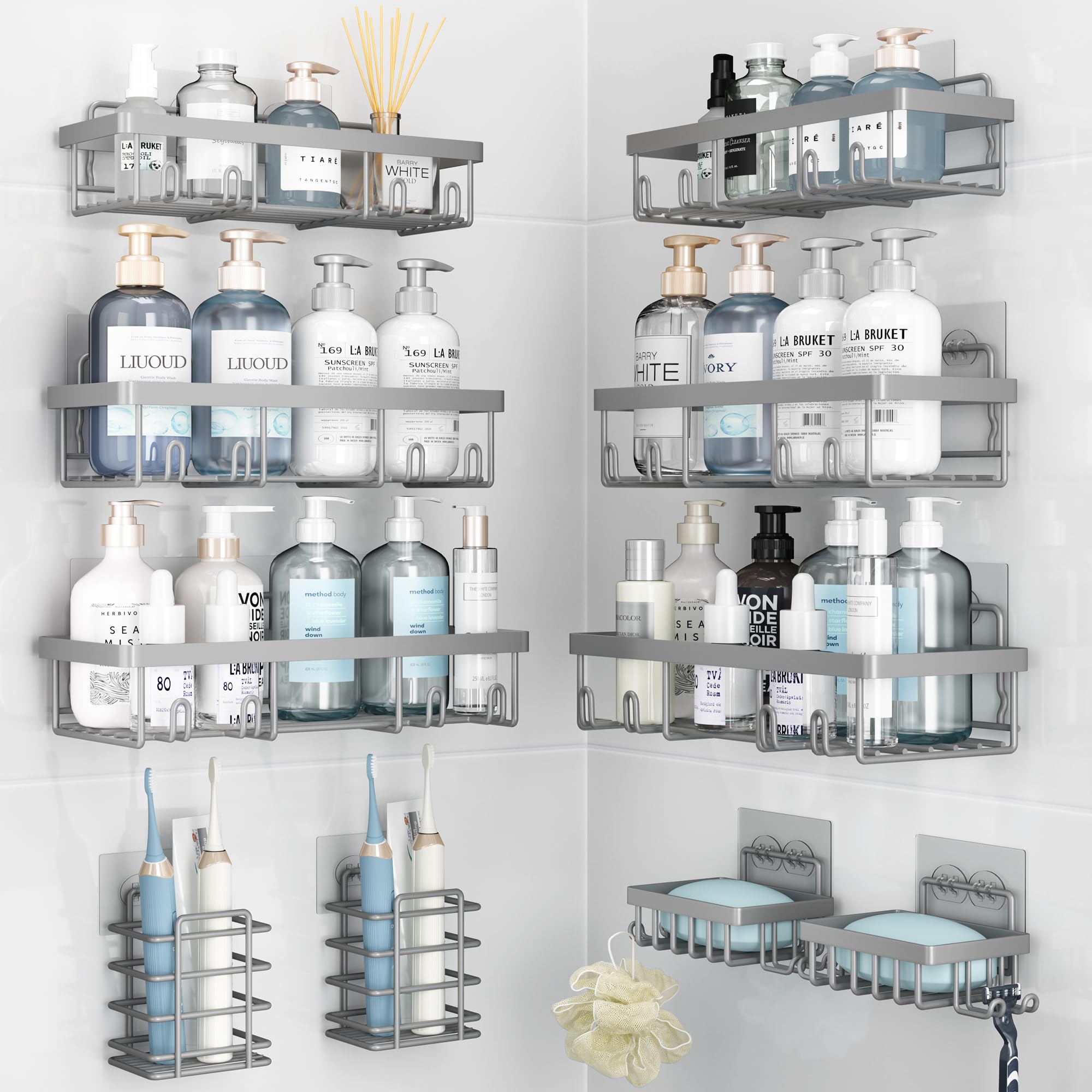 Liuoud 10 Pack Shower Caddy Organizer Rack Shelf for Inside Shower, Self Adhesive Wall Storage Basket Rustproof Stainless Steel 